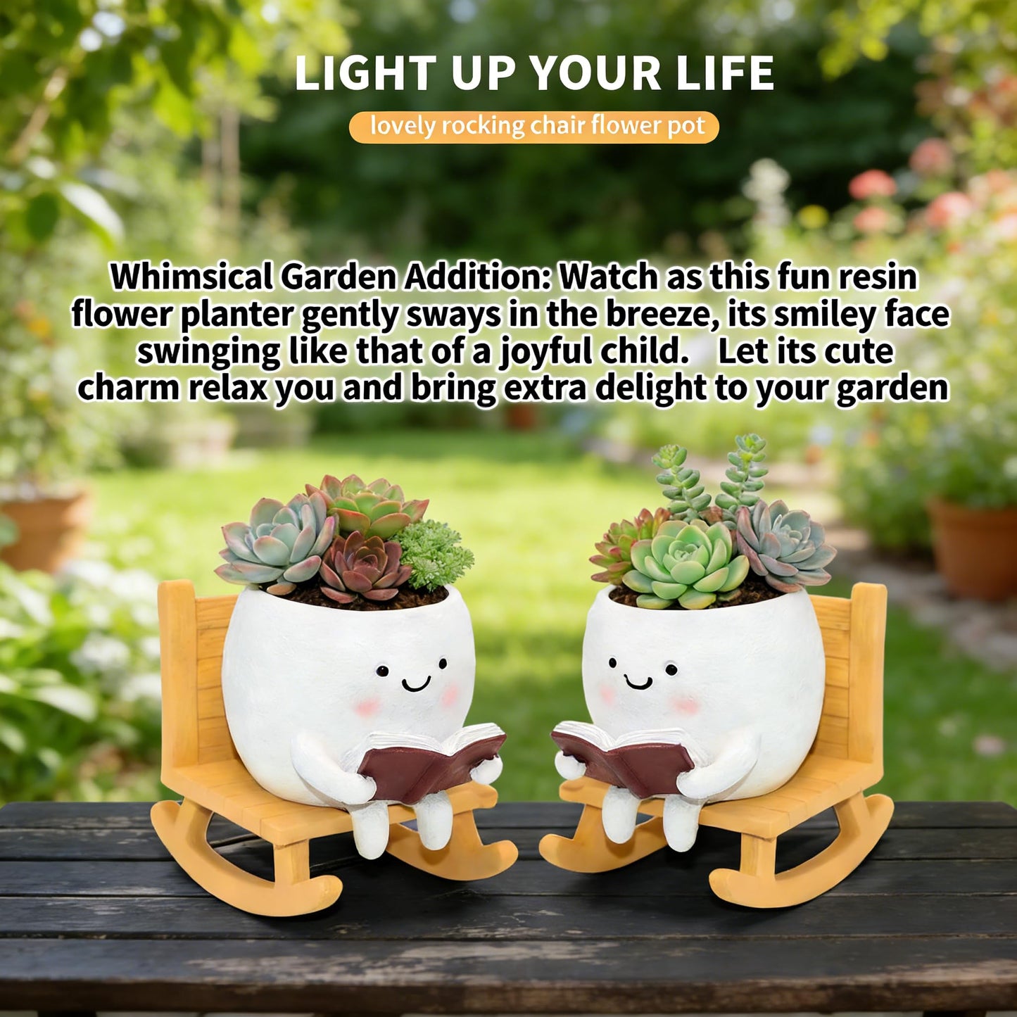 LAUGOKEBE Smily Face Reading Book Planter Pot, Cute Resin Flower Head Planters for Indoor Outdoor, Unique Sit Rocking Chair Succulent Pots with Drainage Hole Gift IdeaI for Christmas