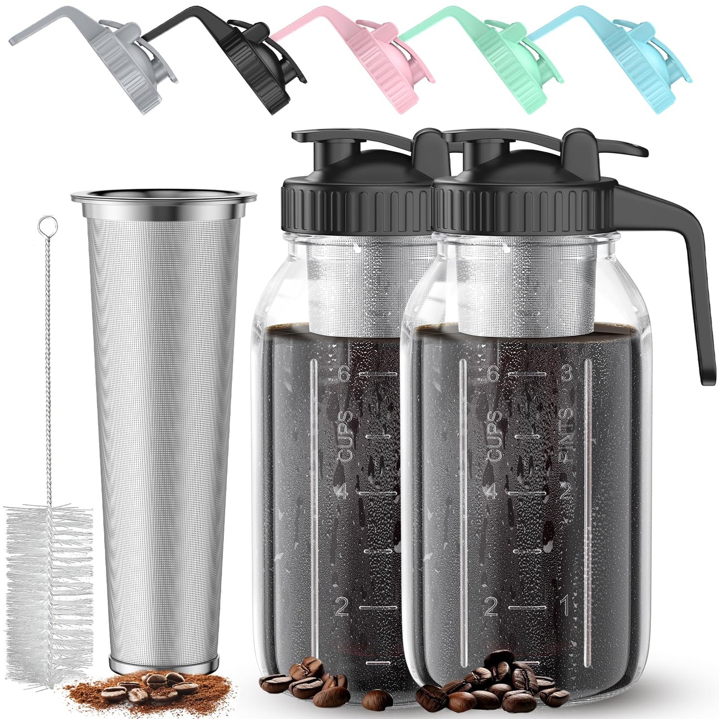 2 Pack 64 oz(2 Quart / 1.9 Liter) Cold Brew Coffee Maker Jar - Glass Cold Brew Maker with Handle, Stainless Steel Filter&Leak-Proof Lid, Heavy Duty Cold Brew Pitcher for Iced Coffee, Sun Tea, and Milk