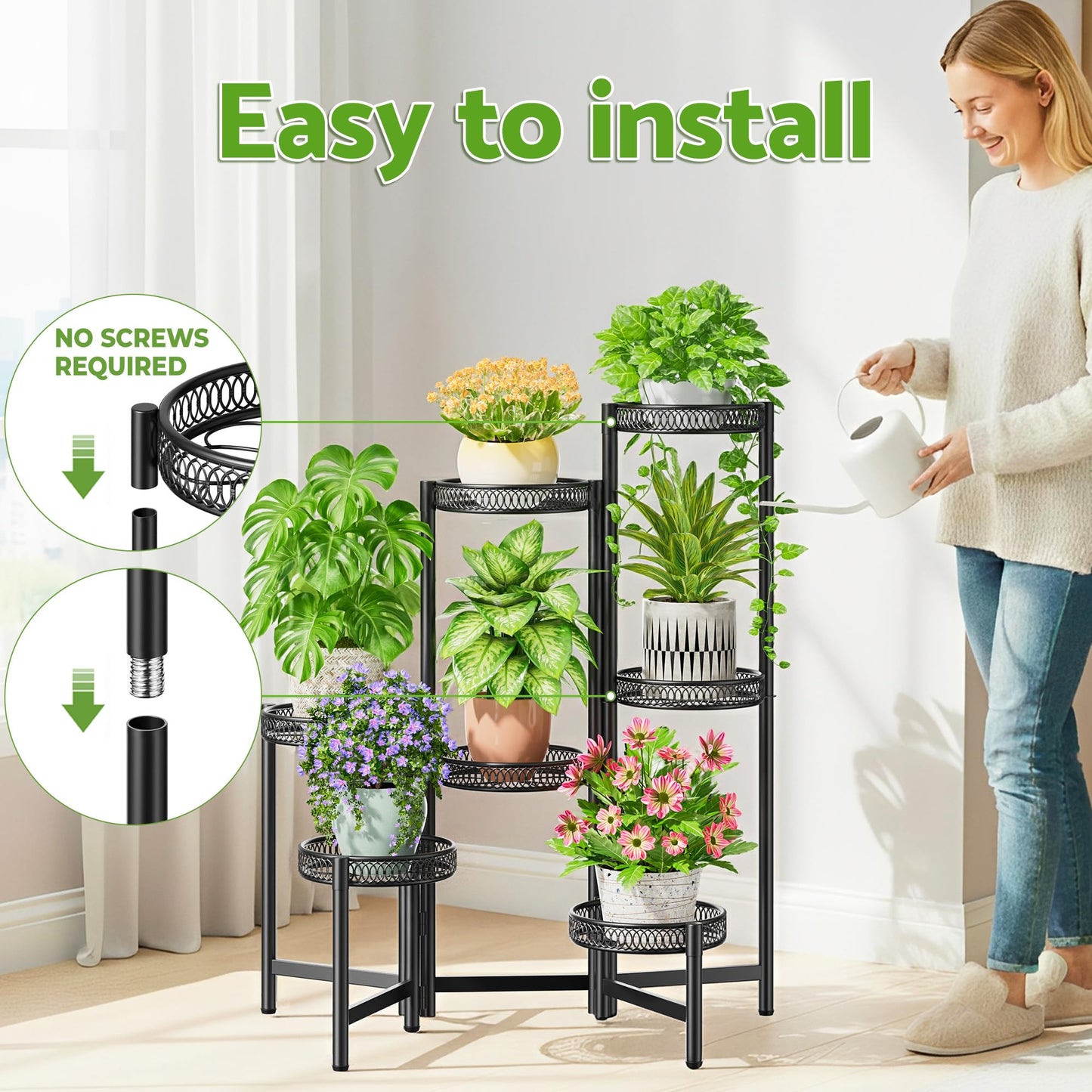 NQW Plant Stand Indoor Outdoor, 7 Tier Large Plant Stand with 7.9-Inch Wide Drainage Tray, Tiered Corner Metal Iron Flower Display Holder Shelf, Folding Tall Rack for Patio Balcony Porch - BlackFlower