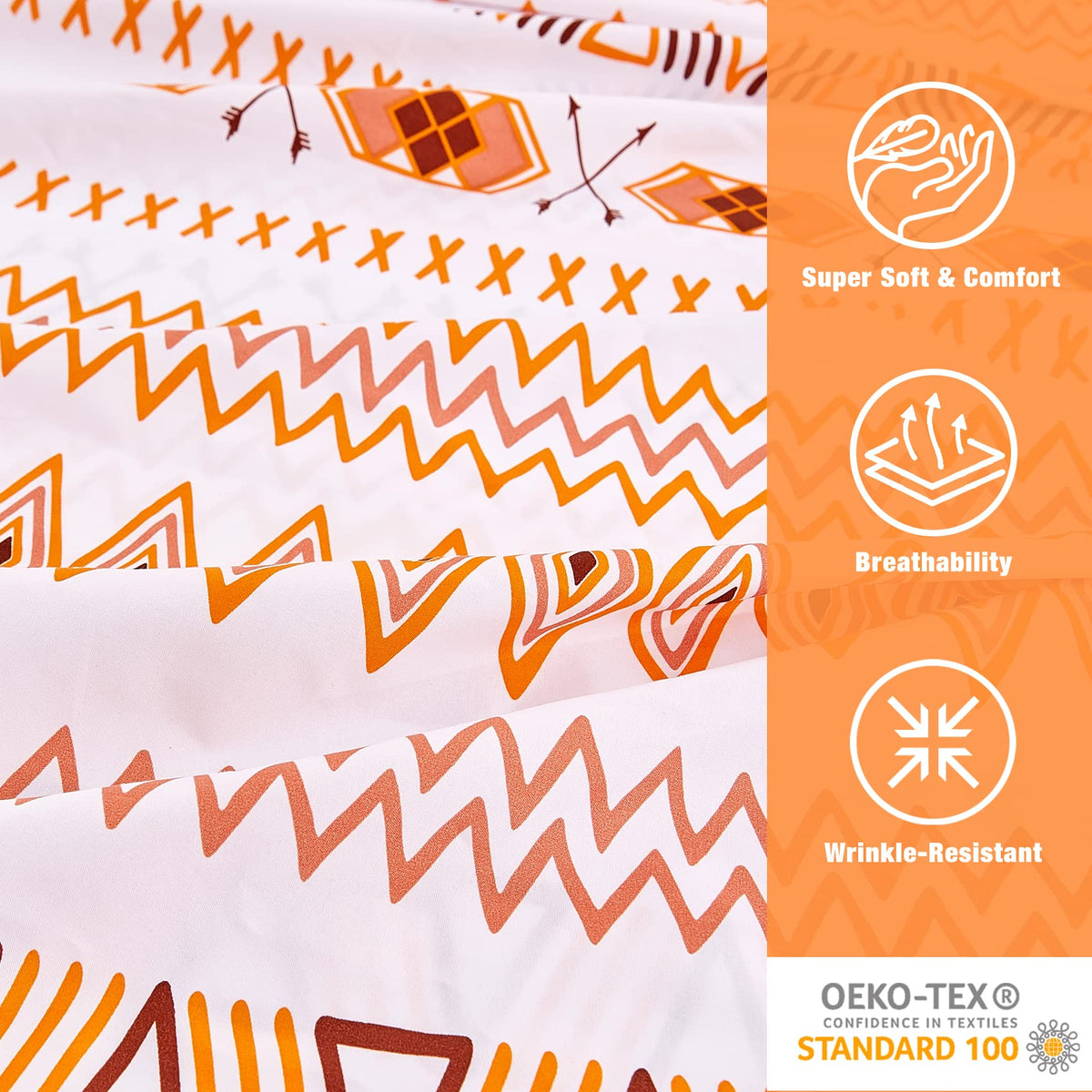 JSD Orange Boho Sheet Set Full Size, Soft Geometric Printed Microfiber Sheets Extra Deep Pocket Wrinkle Free