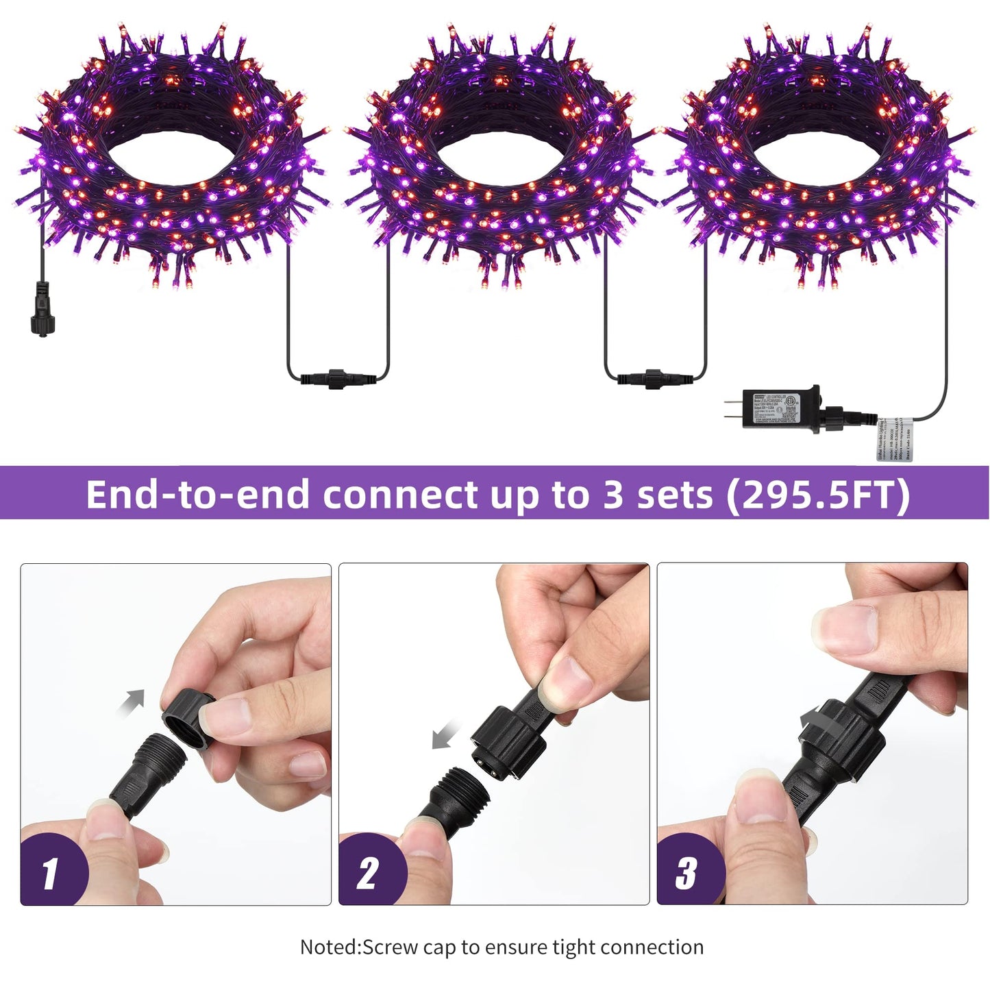 300 LED Halloween String Lights, 98.5FT with 8 Modes, Waterproof, Plug in for Indoor/Outdoor Party Decorations (Purple & Orange)