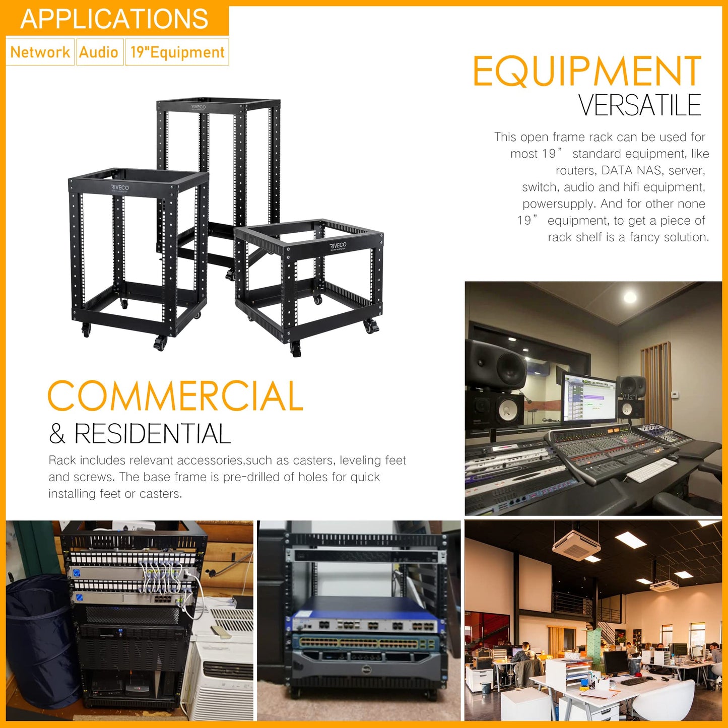 RIVECO 9U Open Frame Server Rack with Casters- Heavy Duty 4 Post Quick Assembly 19-inch, Stereo Rack Network Cabinet Black