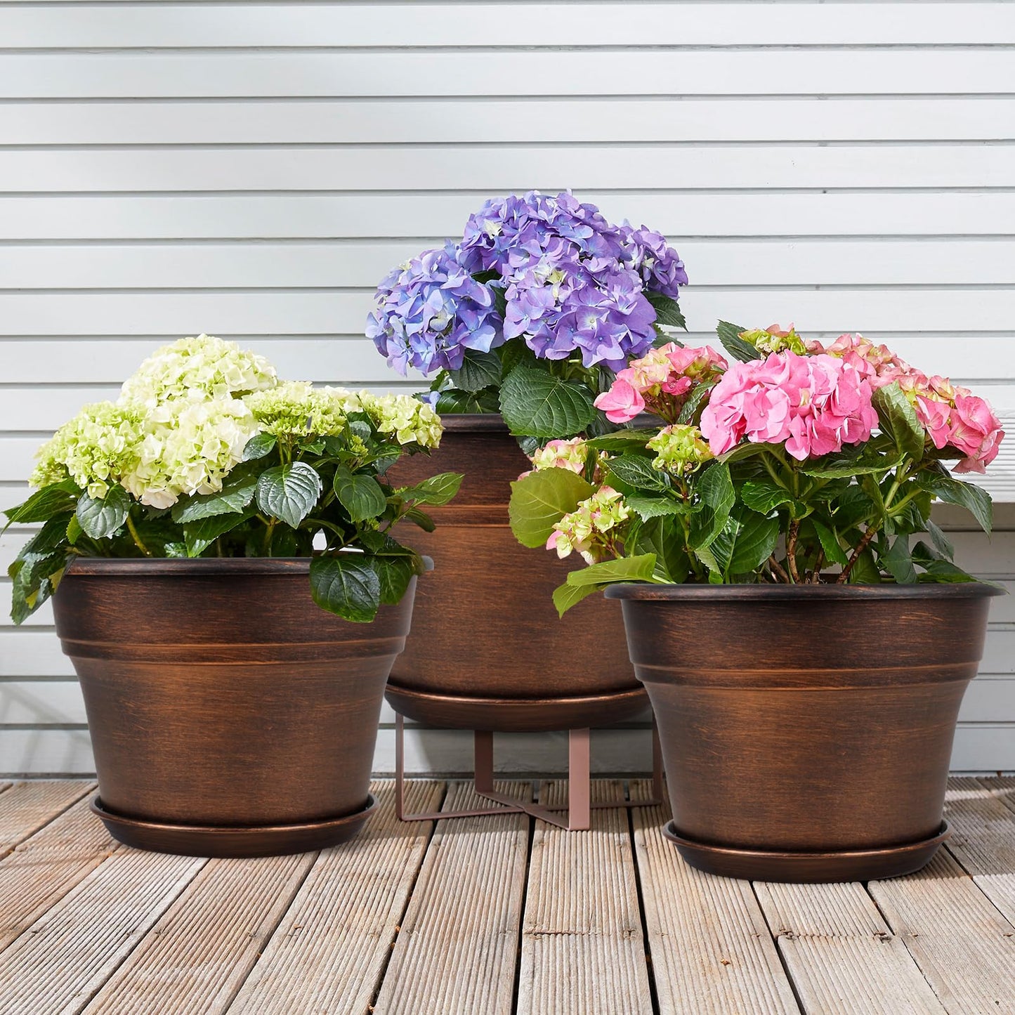 Fodetyff 10 Inch Planters Plant Pots Indoor Outdoor, 4 Pack Plastic Flower Pot for Indoor Plants with Drainage Holes & Trays, Resin Decorative Container Sets with Saucer for House Garden Copper