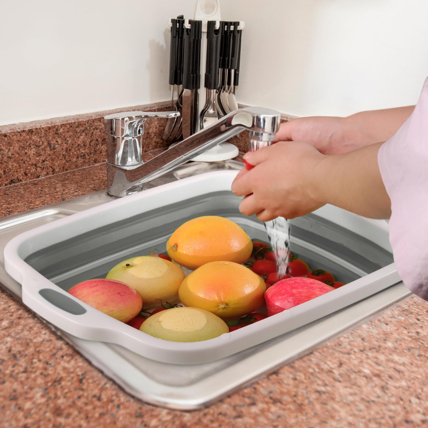 Space Saving Cutting Board, Collapsible Dish Tub with Draining Hole, Folding Chopping Board with Colander, 3 in 1 Multifunction Camping Sink for Washing Dish, Bowl, Vegetables and Fruit