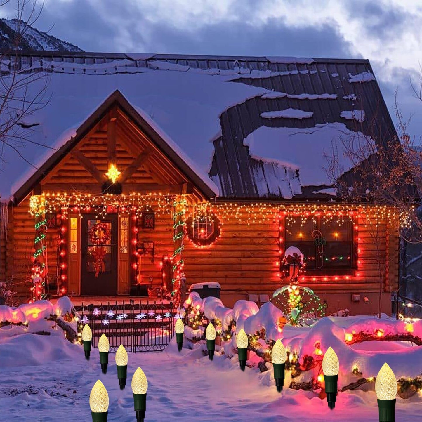 Huacenmy Solar Christmas Pathway Lights Outdoor, 20 LED C9 With 20 Stakes, 23FT Decorations Strawberry String for Roof Yard Patio Walkway Driveway, Warm White