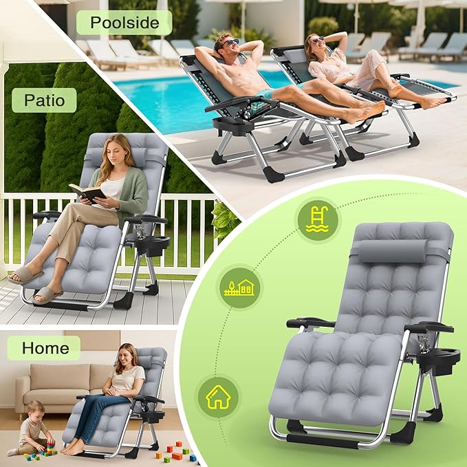 Suteck Zero Gravity Chair, Reclining Camping Lounge Chair w/Removable Cushion, Upgraded Lock and Cup Holder, Reclining Patio Chairs Folding Recliner for Indoor and Outdoor