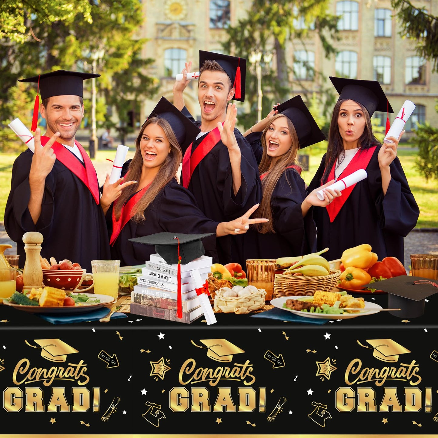 2 Pack Graduation Tablecloth - Congrats Grad Table Cloths, Plastic Disposable Rectangle Black Gold Class of 2025 Table Cover for Graduation Tables Decorations Party Decor Supplies Favors,108 x 54 Inch
