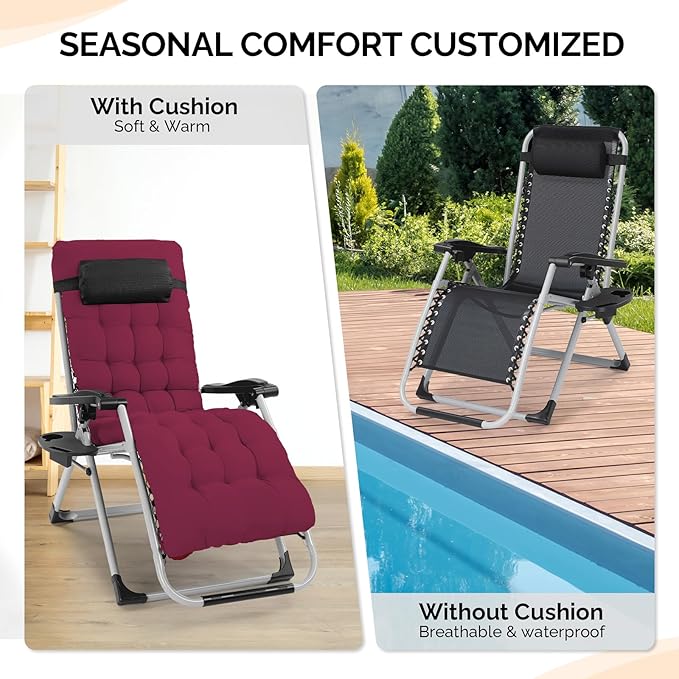 VINGLI Padded Zero Gravity Chair, Lounge Chair with Removable Cushion & Tray, Folding Reclining Patio Chairs, Recliner Chair for Lawn,Indoor Outdoor-Red
