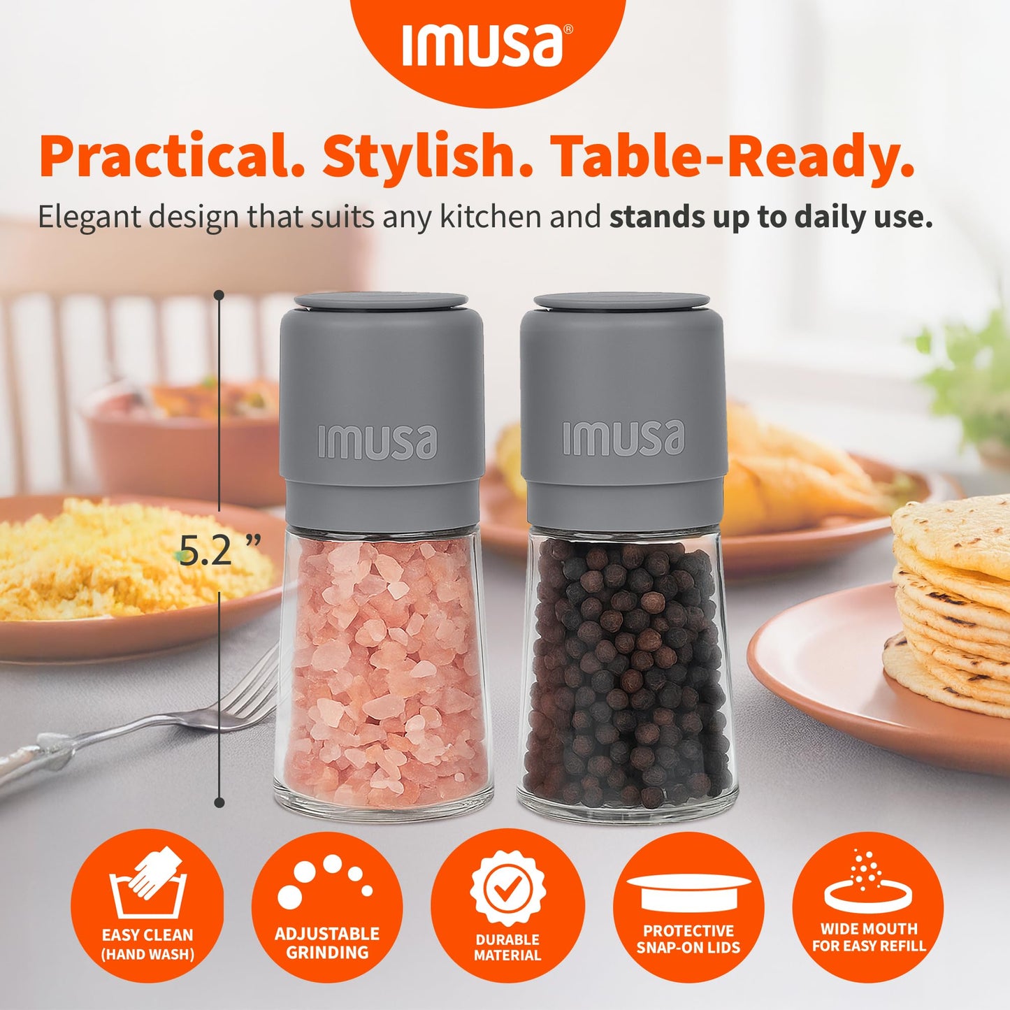 IMUSA Salt and Pepper Grinder Set – 2-Pack Manual Salt Grinder & Pepper Mill with Adjustable Ceramic Grinder for Coarse to Fine Spices, 4oz, Refillable Glass Base, Easy-Grip Salt & Pepper Set