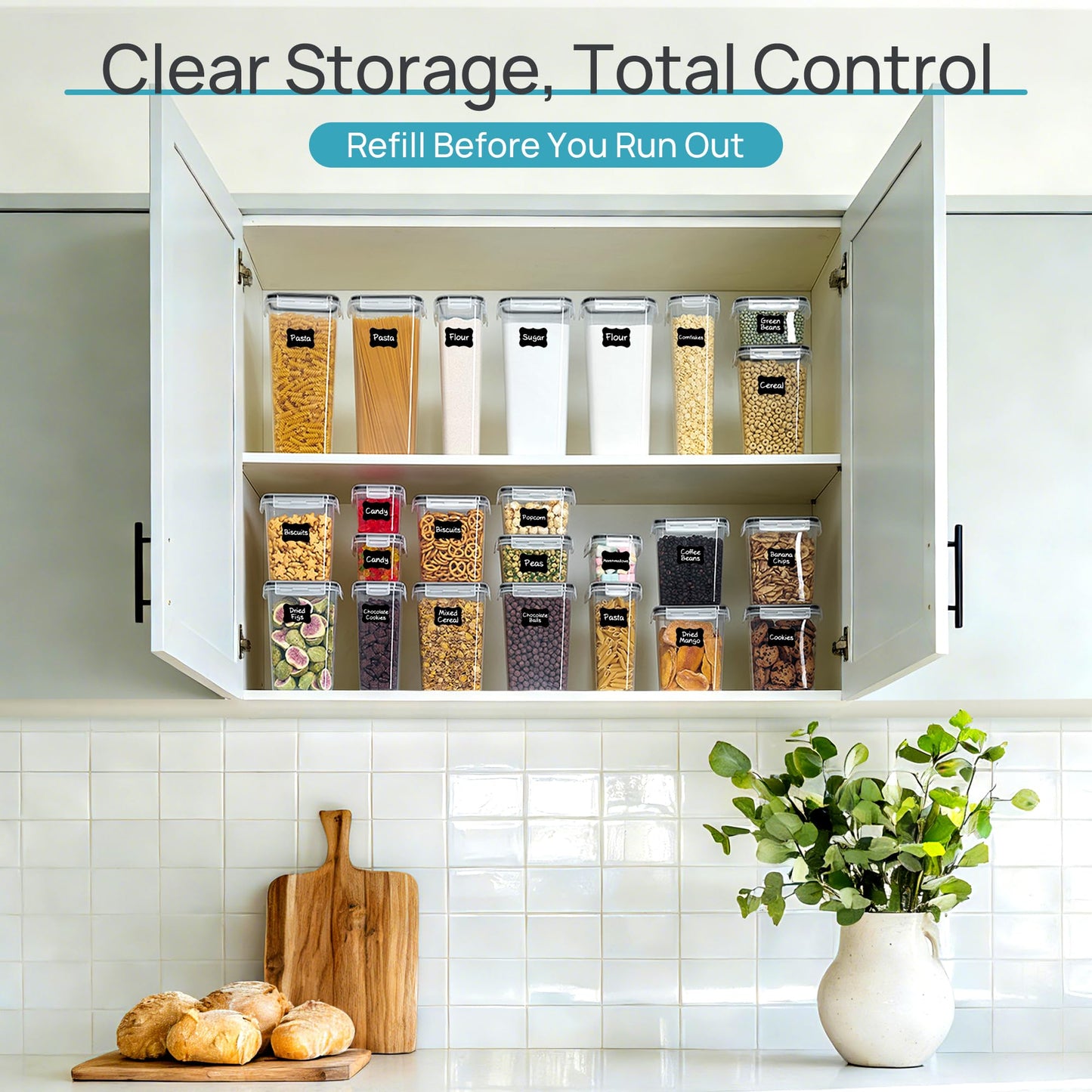 Airtight Food Storage Containers with Lids, Vtopmart 24 pcs Plastic Kitchen and Pantry Organization Canisters for Cereal, Dry Food, Flour and Sugar, BPA Free, Includes 24 Labels,Black