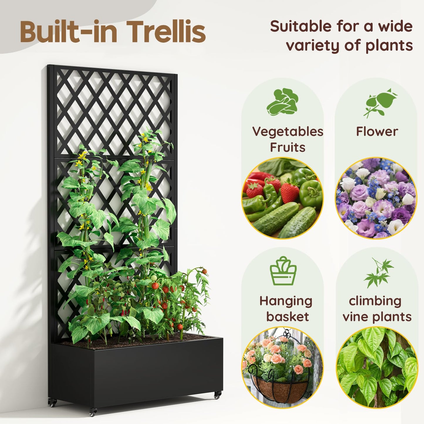 Metal Planter Box with Trellis,72"x35"x15",Galvanized Raised Garden Bed Trellis Outdoor Planter with Privacy Screen & Wheels and Drainage Holes,for Patio Climbing Vegetables,Flowers,Vines,Black