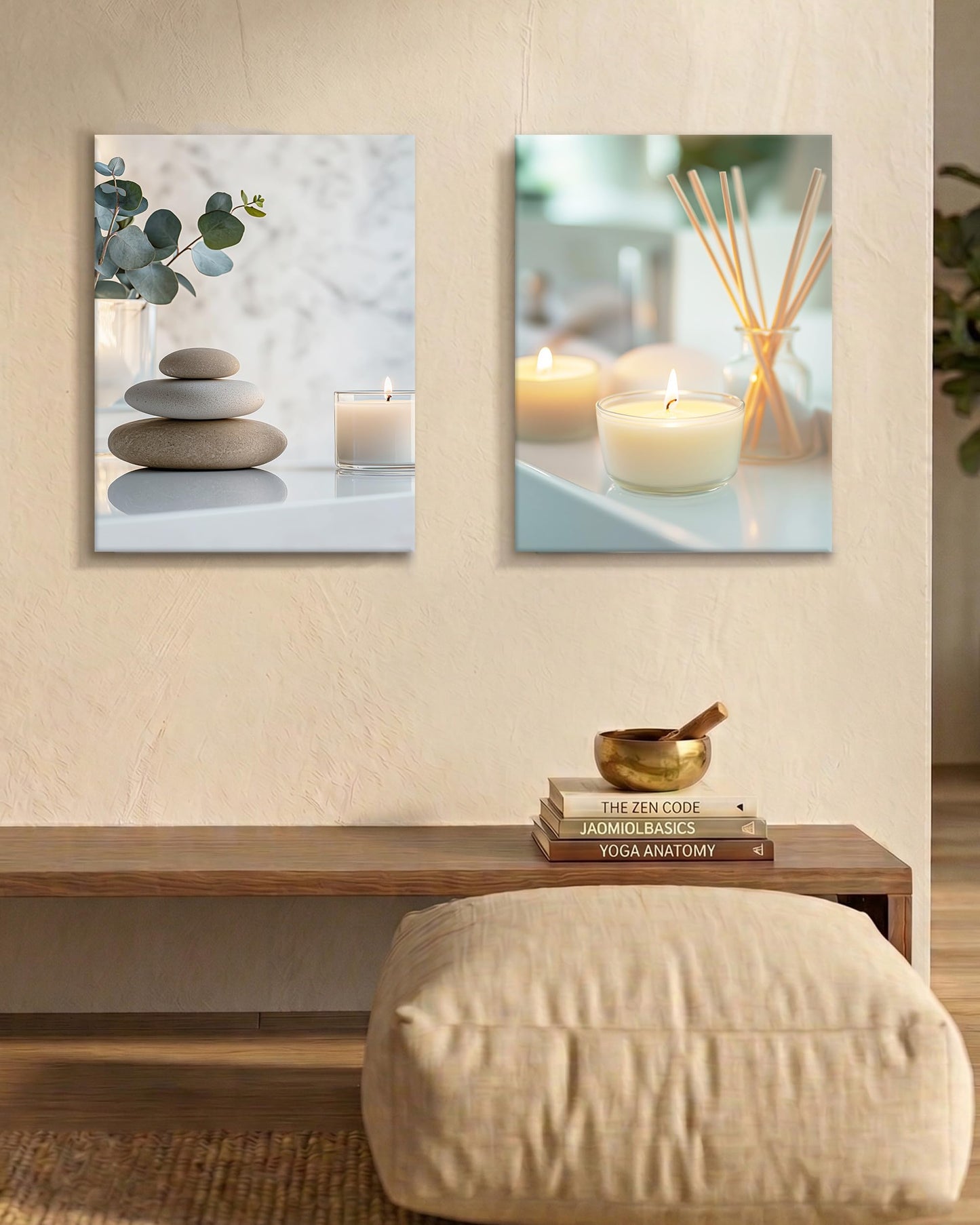 HesenDot 12x16in Spa Bathroom Wall Art - Relaxing Zen Stones Candles Canvas Print, Calming Aesthetic Poster, Minimalist Warm Wall Decor for Yoga Room Bedroom Master Bath Home, Set of 1
