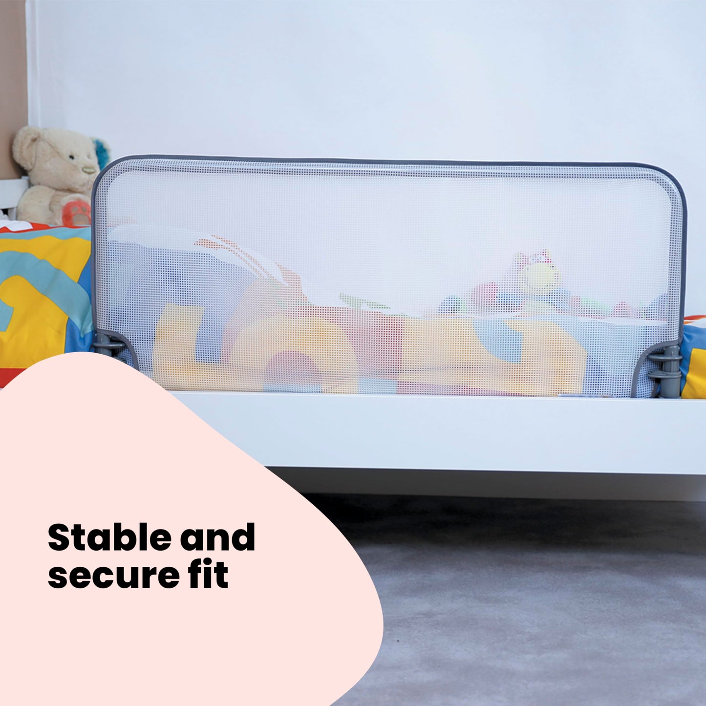 Safety 1st Standard Bed Rail 90cm, Bed Guard for Toddler Bed, 18 Months – 5 Years, Toddler Bed Rail, Mesh Fabric, Automatic Lock, Easy to Clean, Grey & White