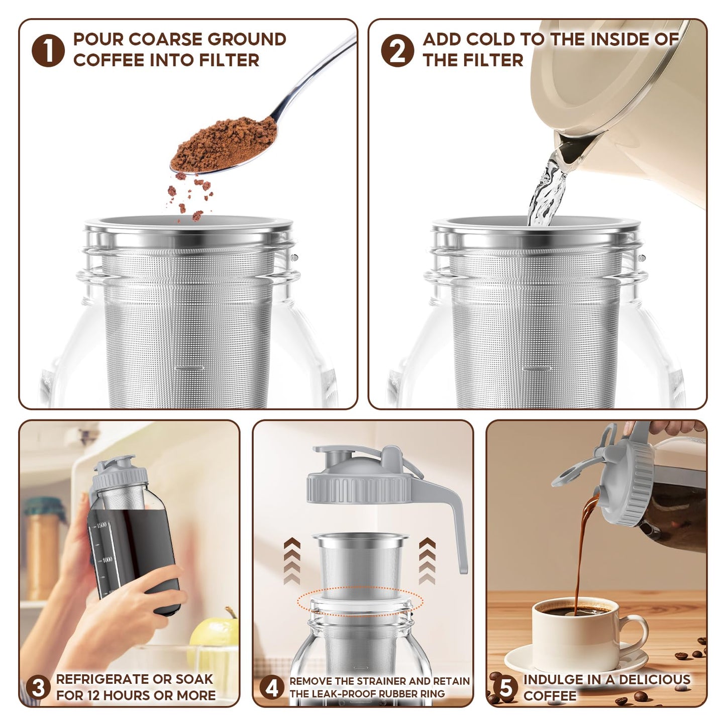 2 Pack 64 oz(2 Quart / 1.9 Liter) Cold Brew Coffee Maker Jar - Glass Cold Brew Maker with Handle, Stainless Steel Filter&Leak-Proof Lid, Heavy Duty Cold Brew Pitcher for Iced Coffee, Sun Tea, and Milk