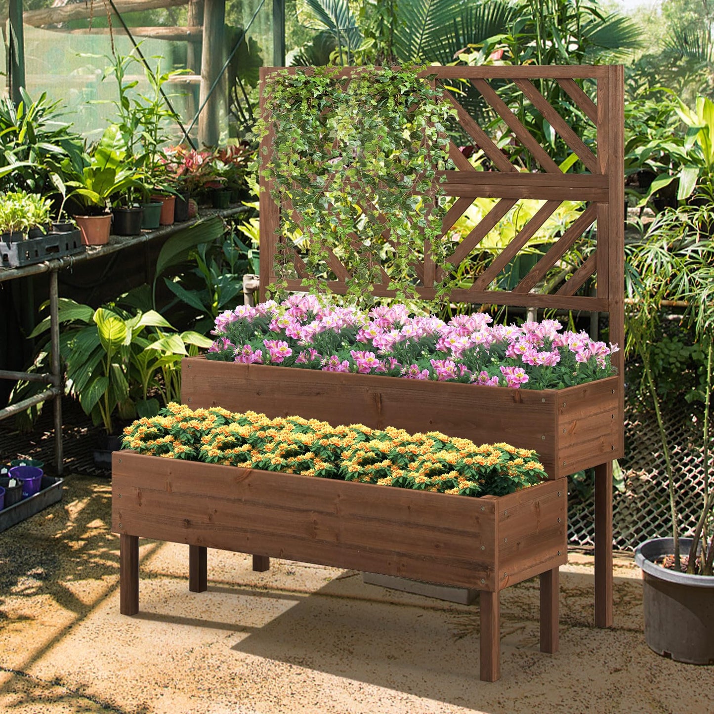 LDAILY Raised Garden Bed with Trellis & 2 Planter Boxes, 2-Tier Wooden Raised Bed with Bottom, Elevated Legs & 10 Drainage Holes, Gardening Planter Box for Flowers/Vegetables/Fruits in Backyard Patio