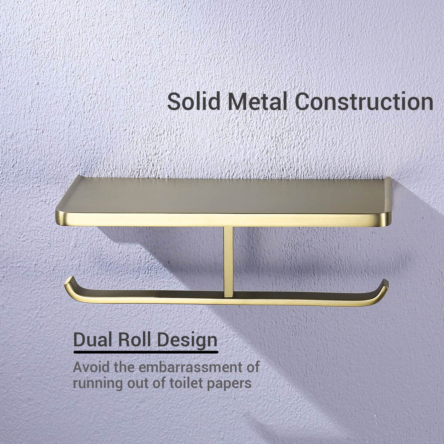 Dual Roll Toilet Paper Holder with Phone Shelf, Solid Metal Bathroom Accessory Tissue Dispenser Storage Wall Mounted, Spot Resist, Brushed Gold