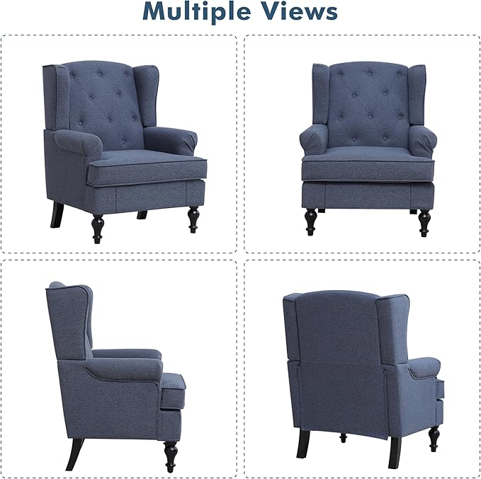 Accent Chair Set of 2, Mid Century Modern Fabric Wingback Chair, Upholstered