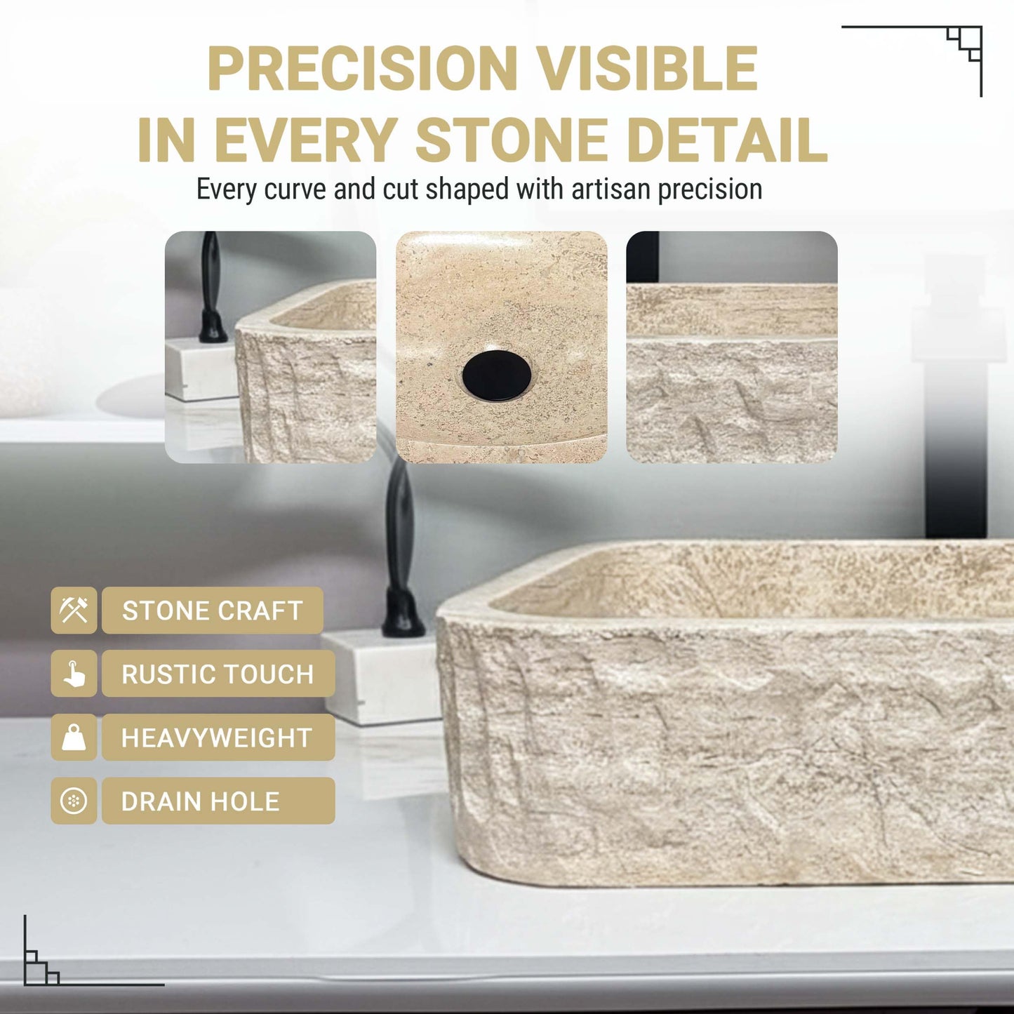 Shades of Nature Rectangular Travertine Vessel Sink, Natural Stone Wash Basin, Hand-Carved Bathroom Sink, Chiseled Exterior, Polished Interior, Above Counter Vanity (Soap Tray Included)