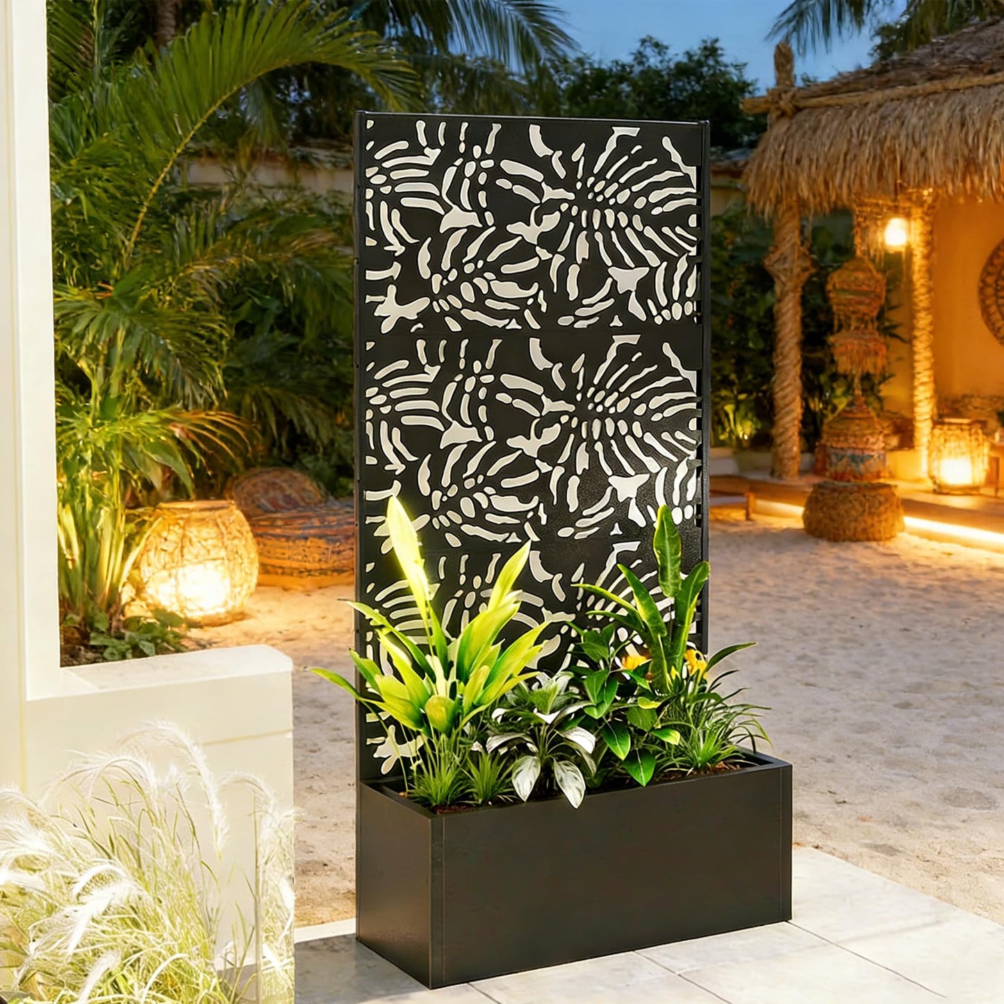 47" Metal Planter Box with Trellis on Wheels, Galvanized Steel Raised Garden Bed Privacy Screen, 71" Tall Mobile Vertical Garden Planter for Patio, Deep Root Outdoor Climbing Plant Support, Black