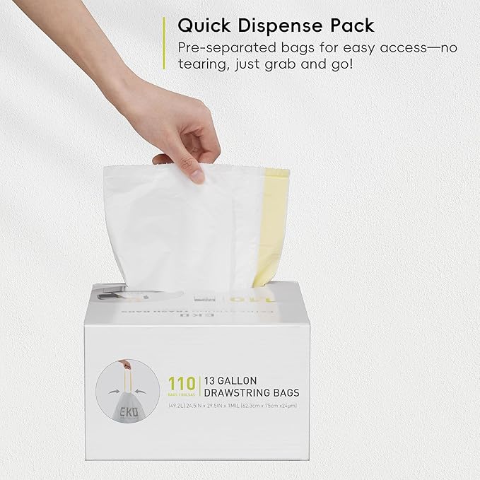 EKO 13 Gallon / 40-60 Liter, Extra-Strong Unscented Garbage Bags, Easy-Dispense
