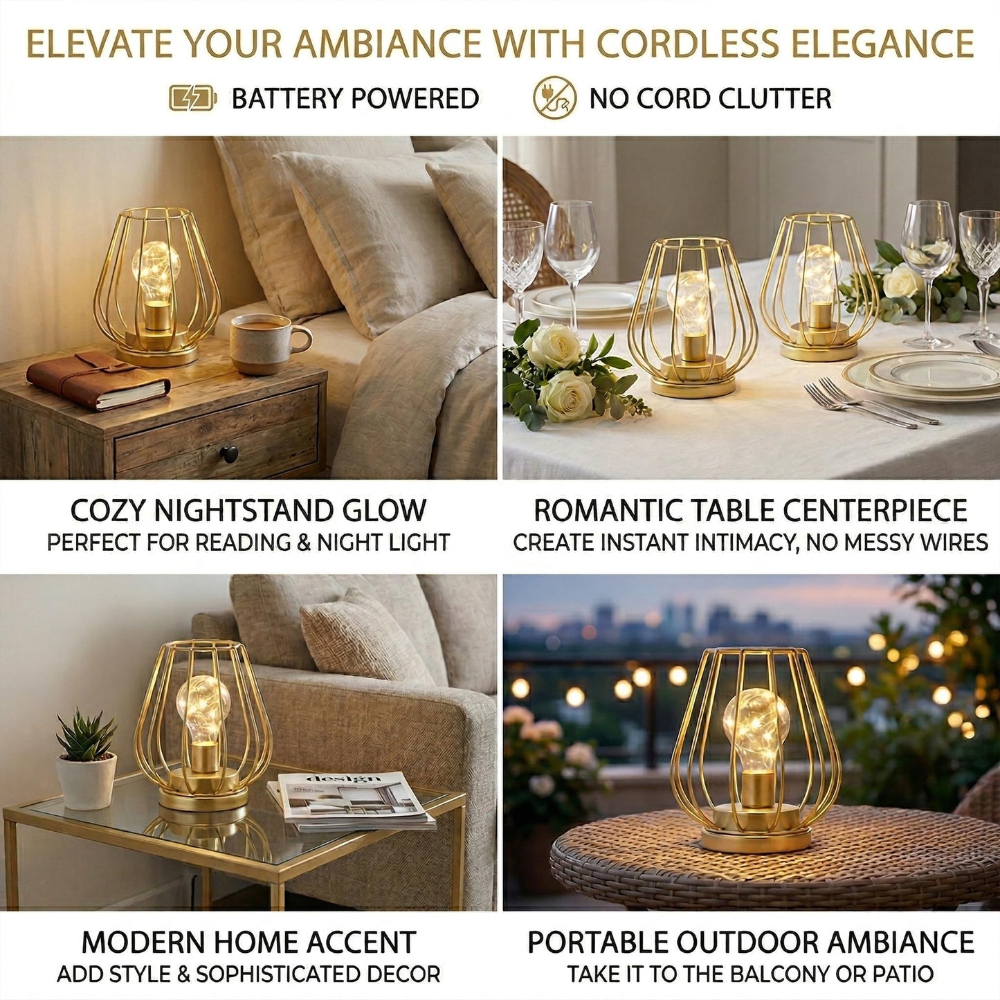 TRIROCKS Set of 2 Metal Battery Operated Lamp 7'' Tall Mini Cage Shape Cordless Table Lamp Battery Lanterns with Warm Fairy Lights Bulb for Patio Garden Wedding Parties Indoor Outdoor(Gold)