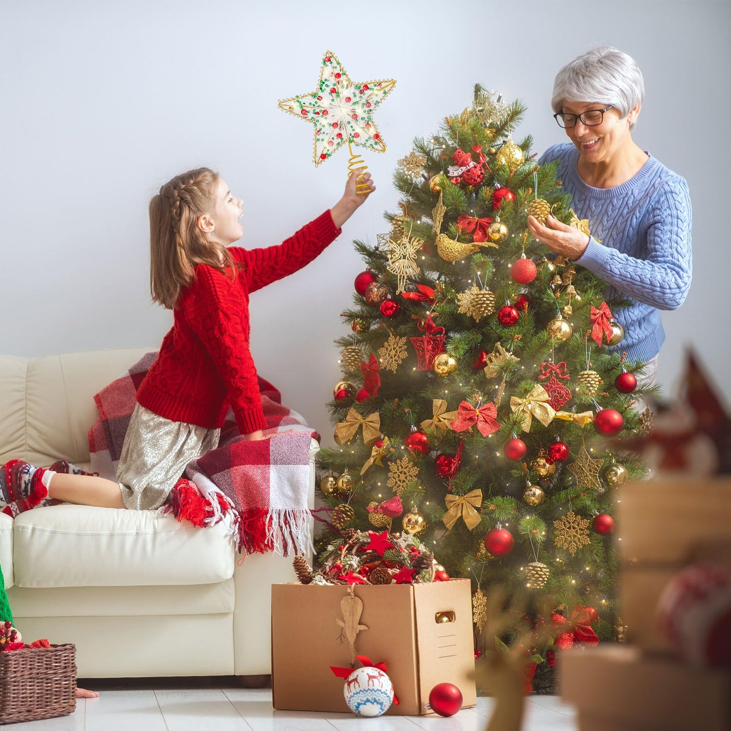 Whaline Christmas Star Tree Topper Gold 3D Star Tree Top with LED Lights Battery Powered Treetop Ornament for Xmas Winter Party Favor Indoor Outdoor Decor