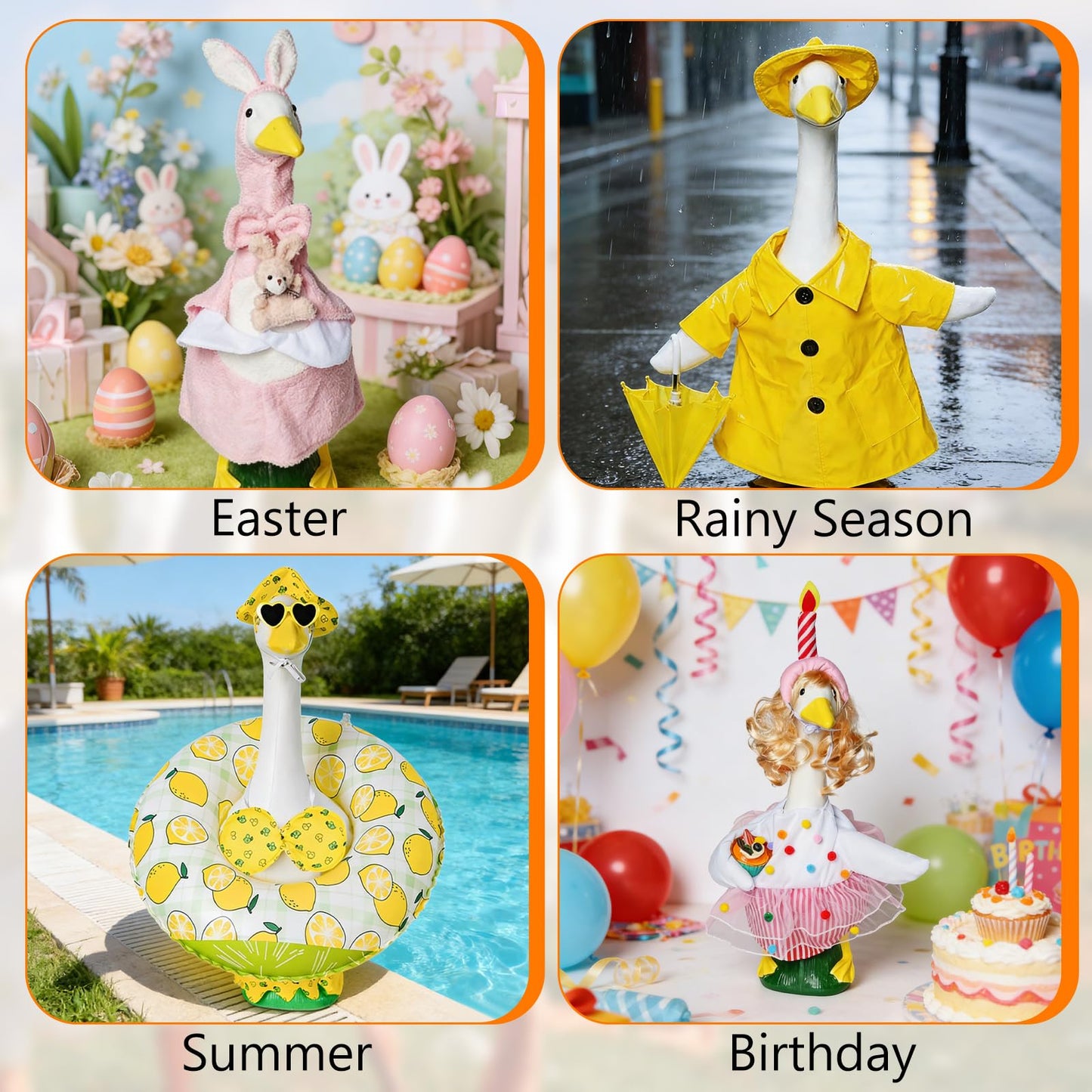 8 Set Holiday Porch Goose Outfits All Seasons Holiday Bundle St. Patrick Easter Summer Hawaiian 4th of July Halloween Christmas Birthday Raincoat Concrete Porch Goose Clothes for Patio Yard Lawn Decor