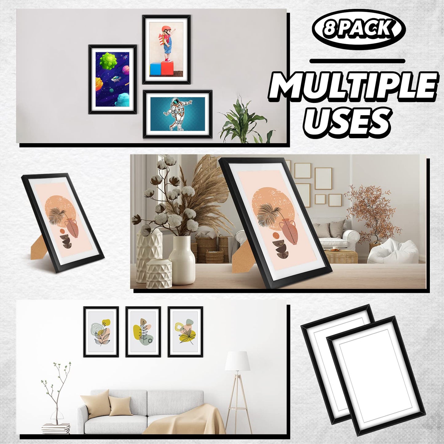 Geetery 8 Pack Comic Book Frame, UV Protection, Comic Picture Magazine Frames Fits Current up to 6 3/4 x 10 1/4, Wall or Tabletop Display with Spring Clips Installed Hangers(Black (White Mat))