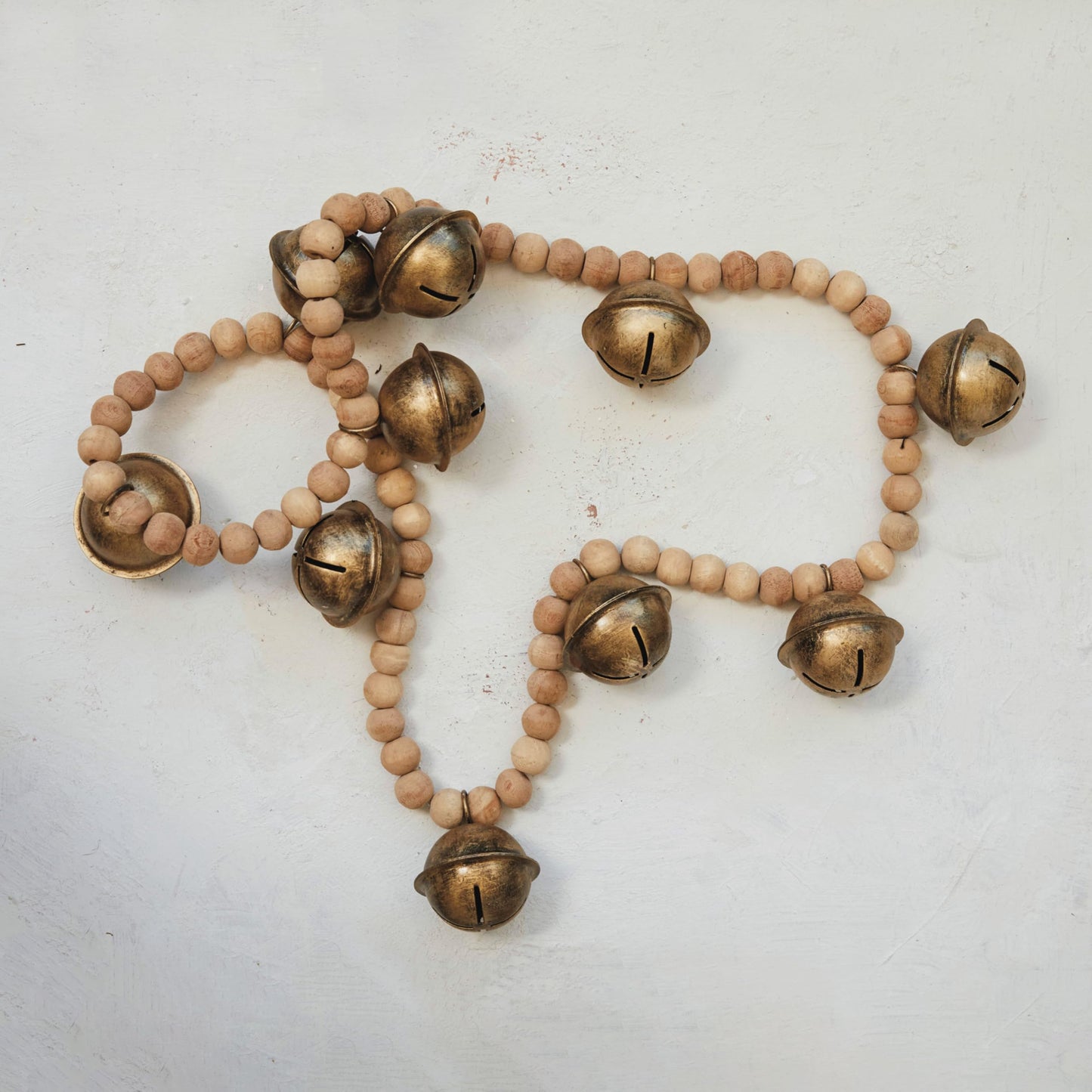 Creative Co-Op Wood Bead and Metal Bell Garland, Natural and Antique Gold Finish