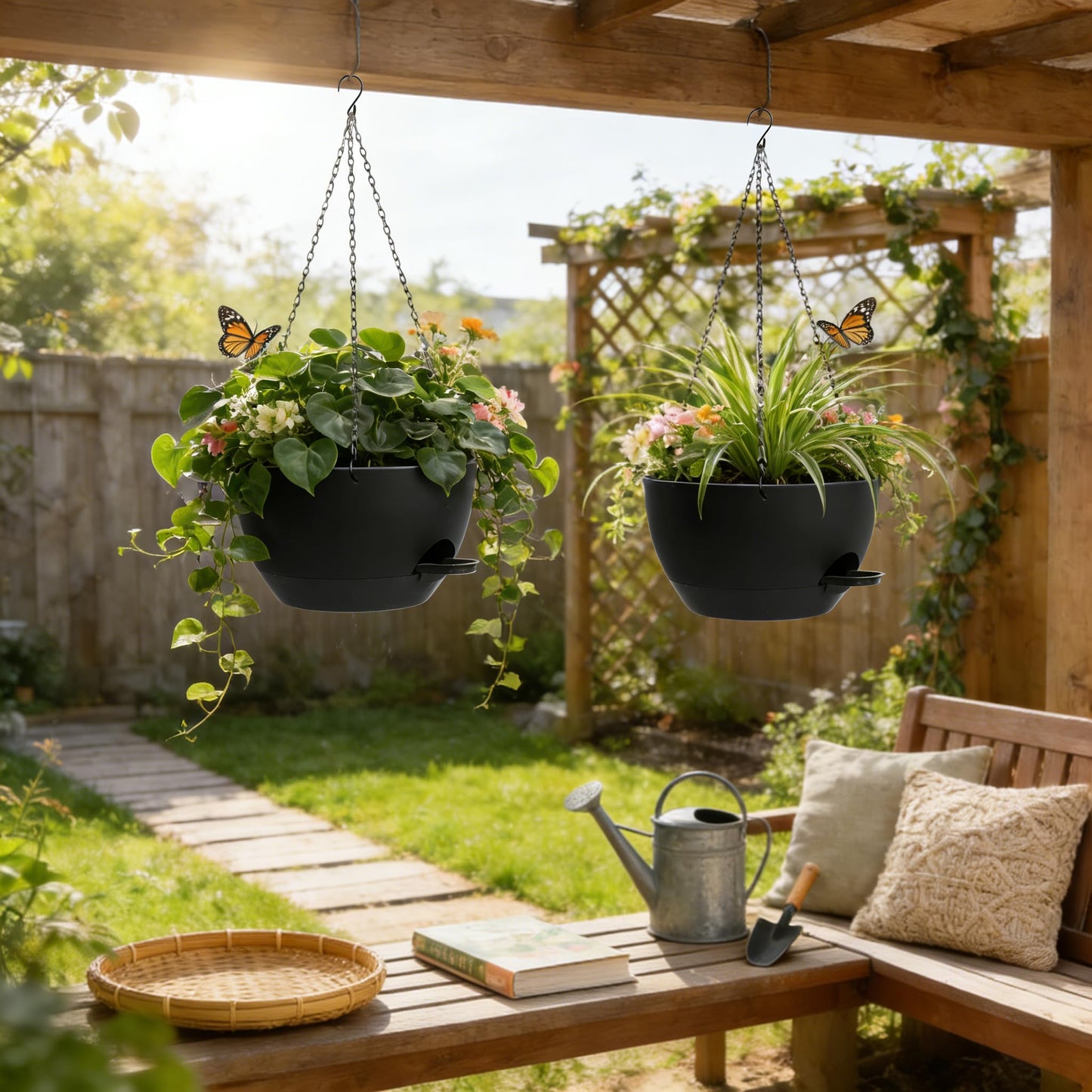 UOUZ 13 Inch 2 Pack Large Self Watering Hanging Planters for Indoor Outdoor Plants, Hanging Plant Pots with Removable 50 Oz Reservoir, Plastic Hanging Basket for Window Porch Garden Balcony, Black