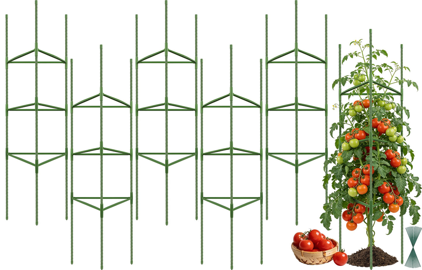 Tegarbed 6 Pack Tomato Cage for Garden Plant Supports, Up to 53 Inch Tomato Trellis for Potted Plants, Heavy-Duty Garden Plant Stakes for Climbing Vegetables Plants Cucumber Peony Flowers, Green