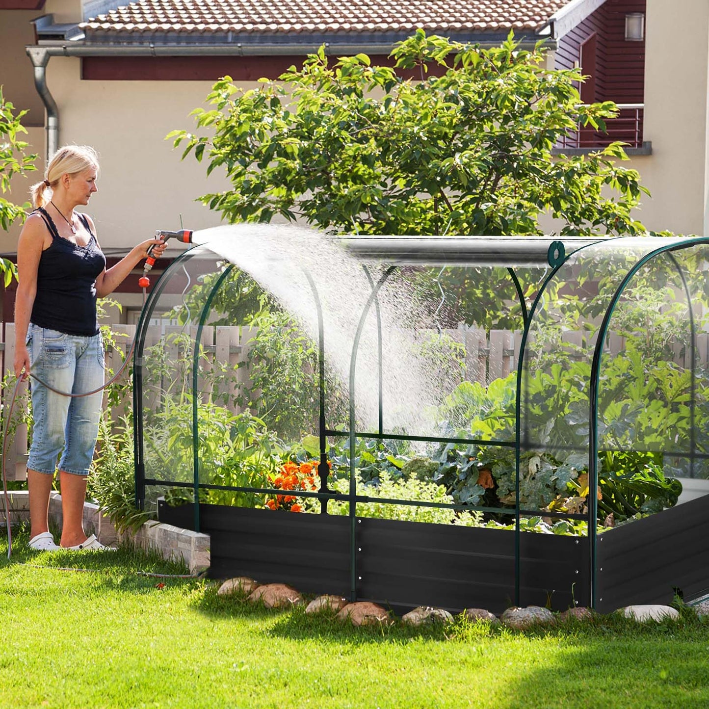 DoCred Galvanized Raised Garden Bed with PVC Cover, 72.8" x 37.4" x 47.2" Metal Planter Bottomless Box w/ Roll-Up Window, Mini Greenhouse Tent for Outdoor Growing Vegetables Flower Fruit