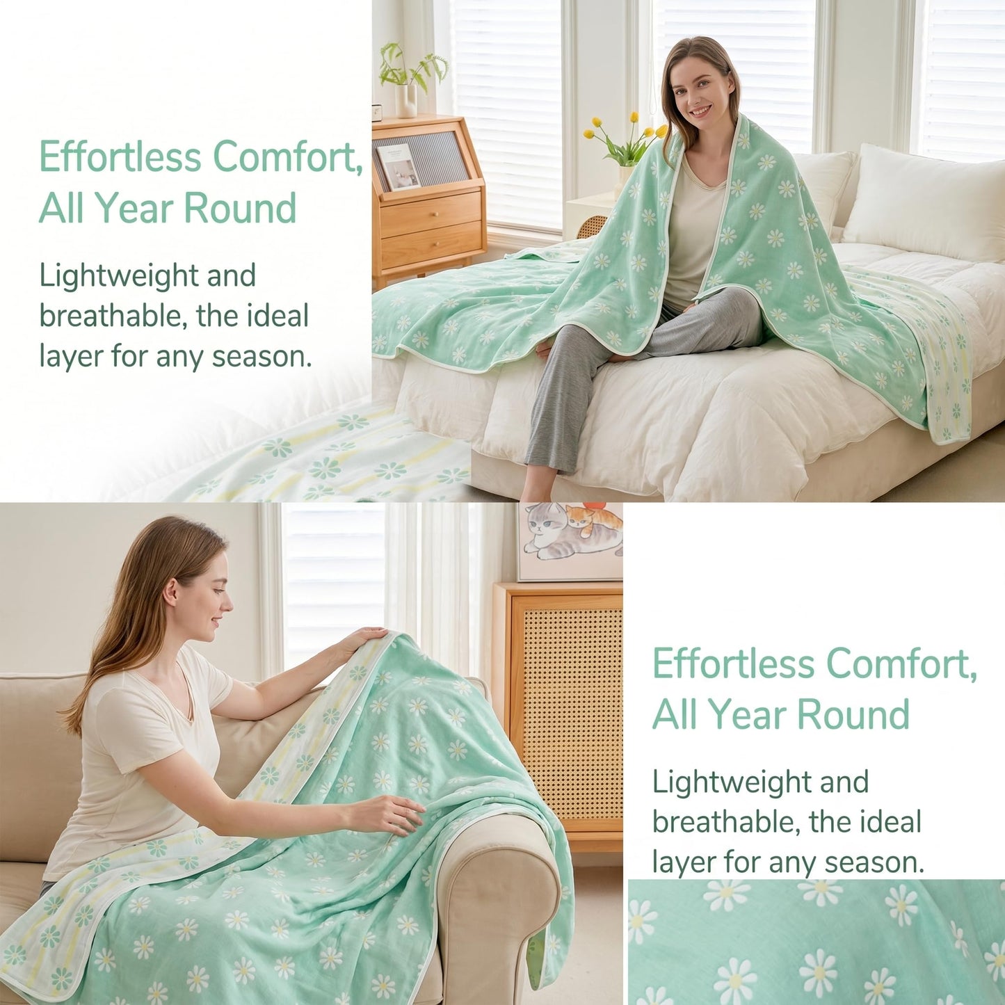 SANACYNA 6-Layer Gauze 100% Cotton Muslin Blanket Sunflower Queen Size 90"x90" Bed Blanket Lightweight Soft And Breathable Blanket For Sofa Bed Coverlet All Seasons Both sides (Green, Queen (90"x90"))
