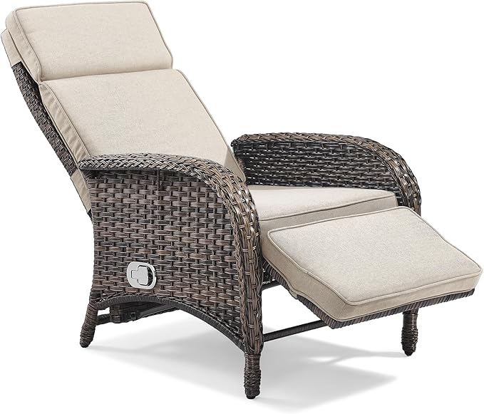 Zero Gravity Wicker Patio Recliner Chair - Wicker Outdoor Lounge Chair with Adjustable Backrest & Footrest, All Weather Outdoor Reclining Chairs with Thick Cushion for Pool Deck Beige