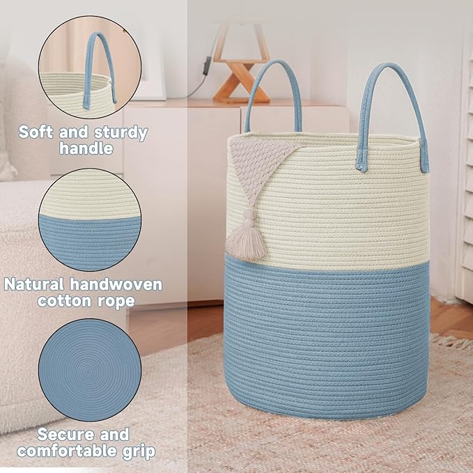 Large Woven Laundry Basket Hamper, 100L Cotton Rope Storage Bin