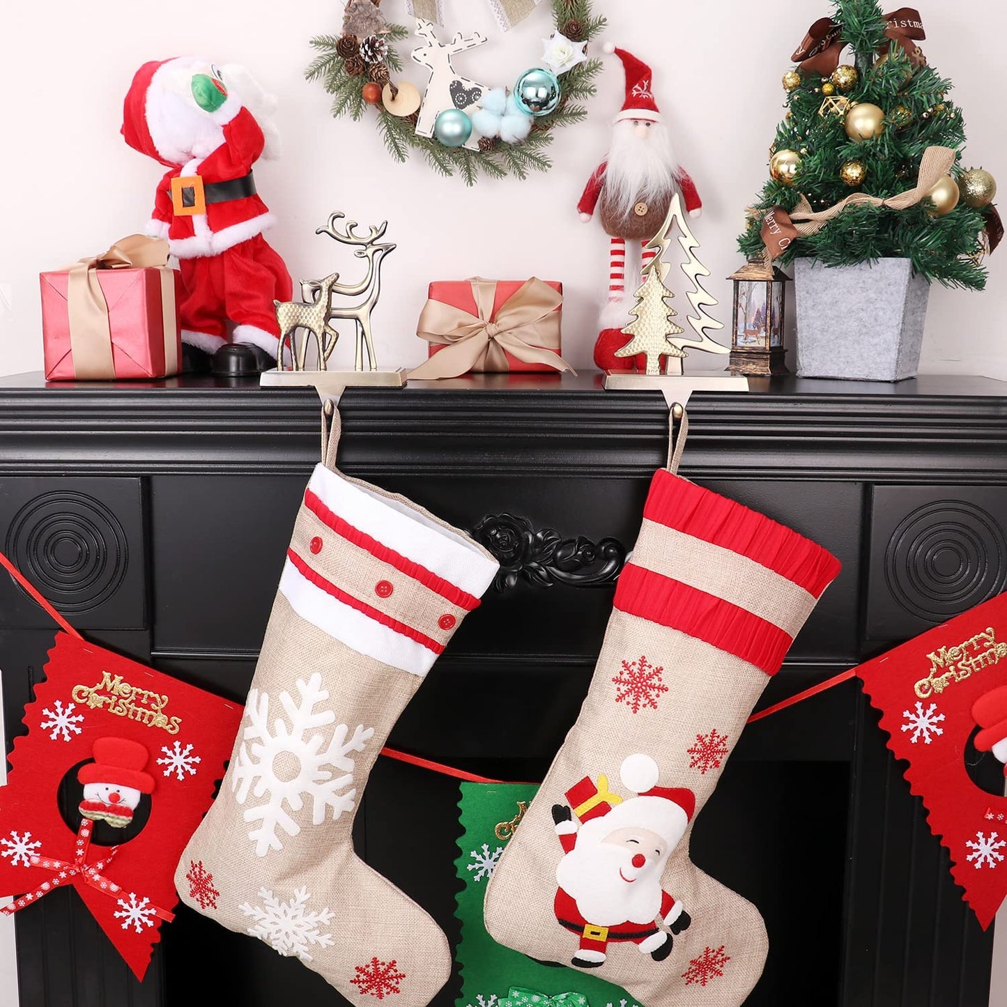 WeddPtyFr Christmas Stocking Holders for Mantle Set of 2 Christmas Stocking Hangers for Fireplace Anti-Slip Mantel Hanger Hooks for Stocking Hanging Ornament Firepiece Xmas Decor (Tree and Reindeer)