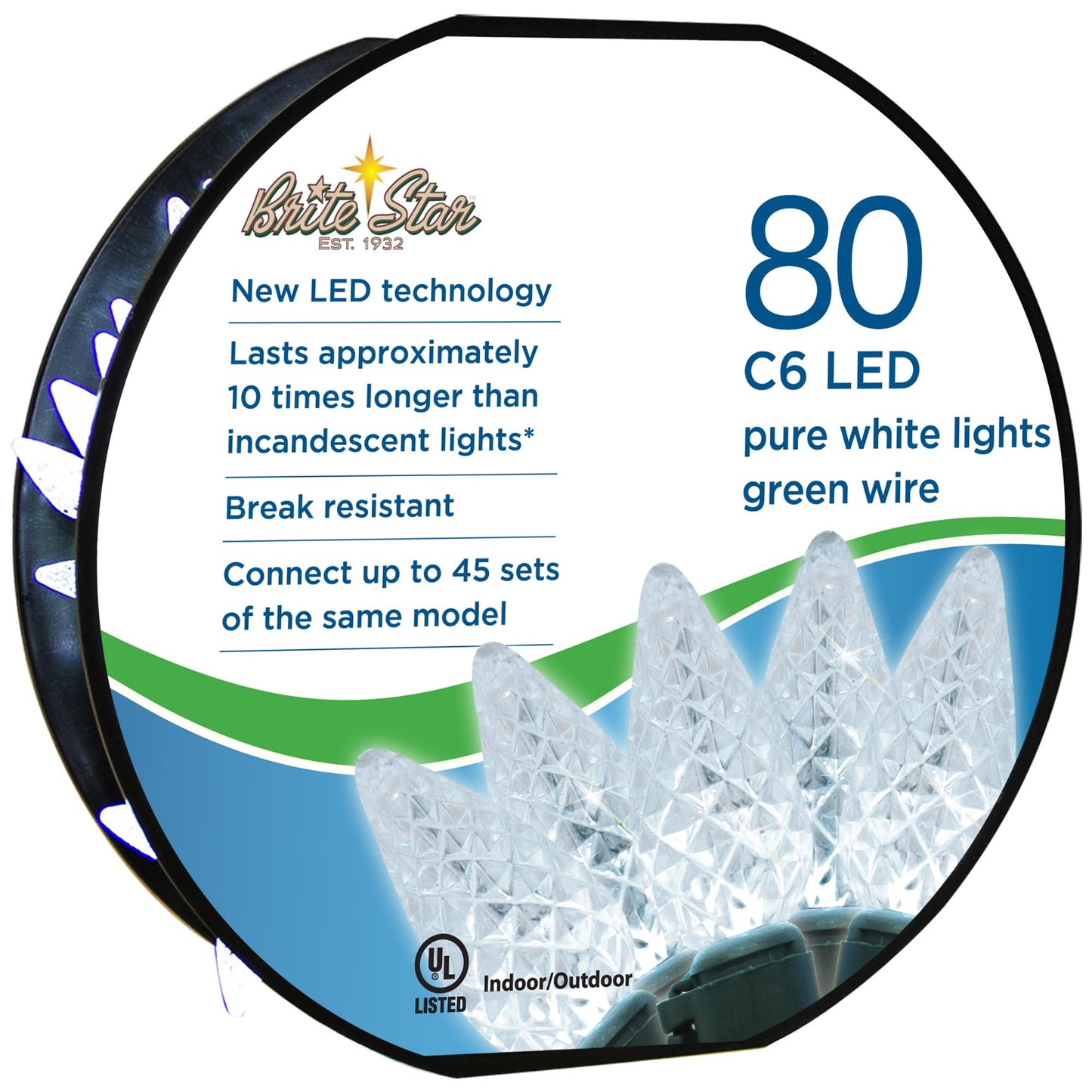 Brite Star 80 Lt LED C6 Faceted Light with Green Wire, Pure White