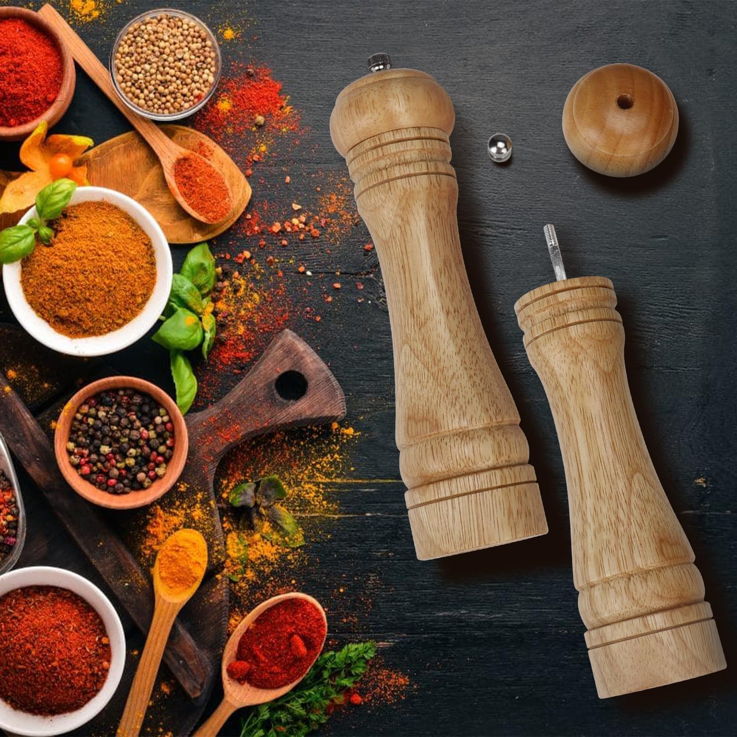 Gulex® Wood Pepper Grinder Pepper Mill,Adjustable Coarseness 8 Inch Wooden Peppermill, Ceramic Grinding Mechanism Salt Mill Refillable (1 pack) (Light-2PC)