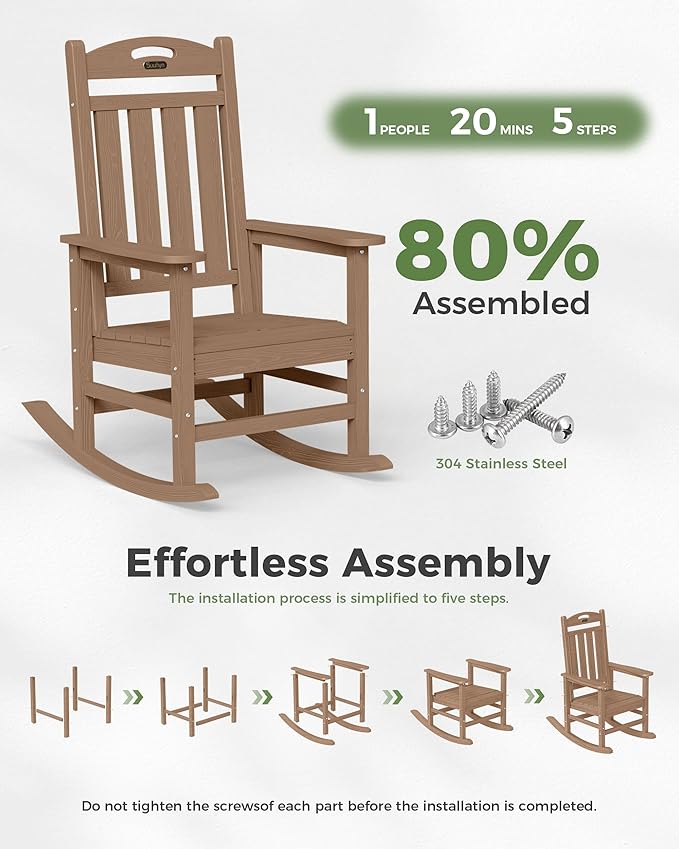 Oversized Rocking Chair Outdoor, High Back Porch Rocker Chair, HDPE All Weather Resistant Rocking Chairs for Patio, 386lbs Weight Capacity, Teak