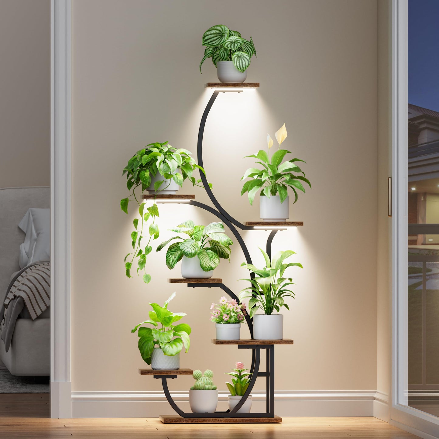 Plant Stand Indoor with Grow Lights - Lighted Indoor Plant Shelf, 57" 7 Tier Corner Plant Stands for Indoor Growing, Tall Flower Display Shelf, Metal S-Shaped Holder for Living Room, Bedroom, Black