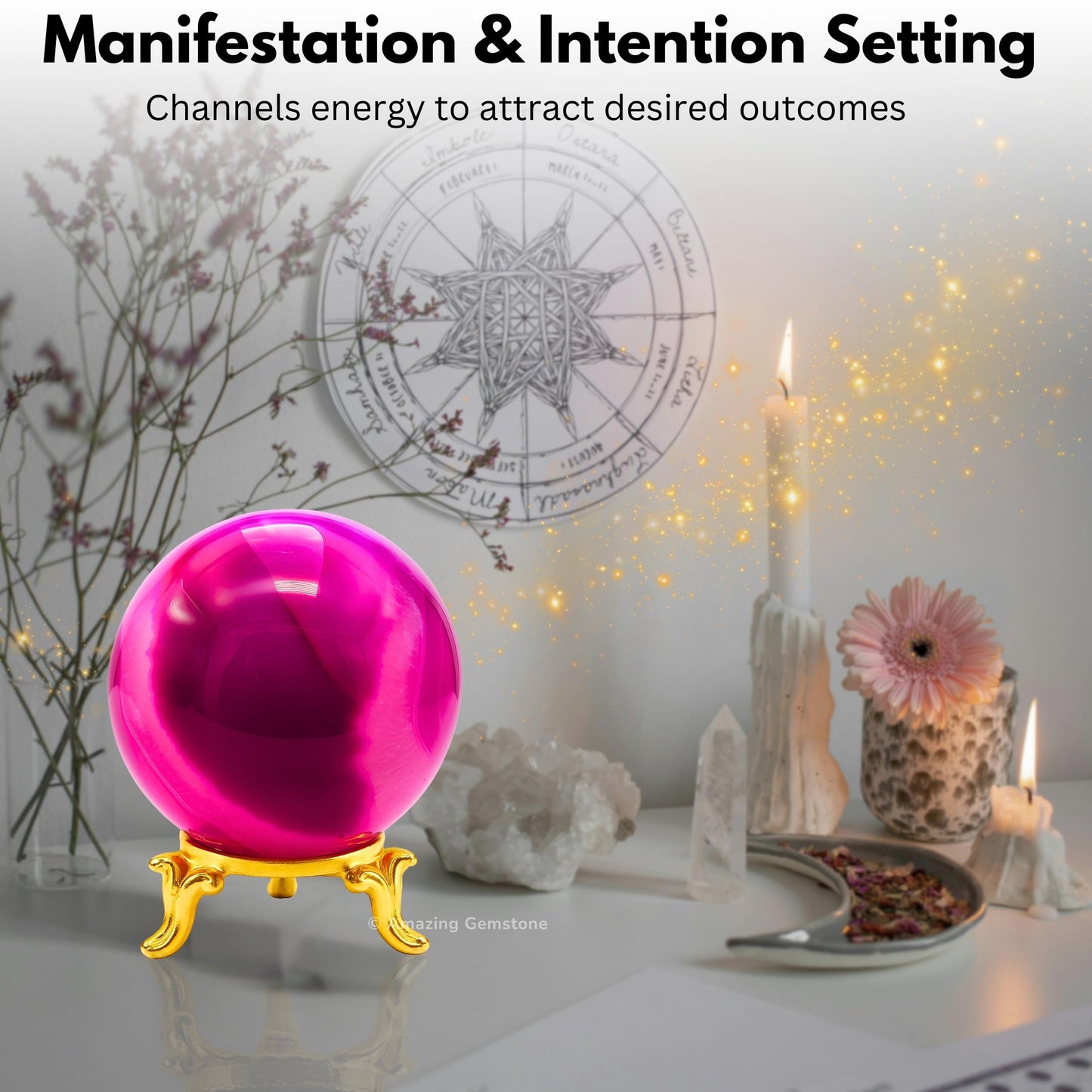 Amazing Gemstone Pink Onyx Crystal Ball with Stand - 2 Inches Crystal Sphere Meditation Balls for Witchcraft and Decorative Balls