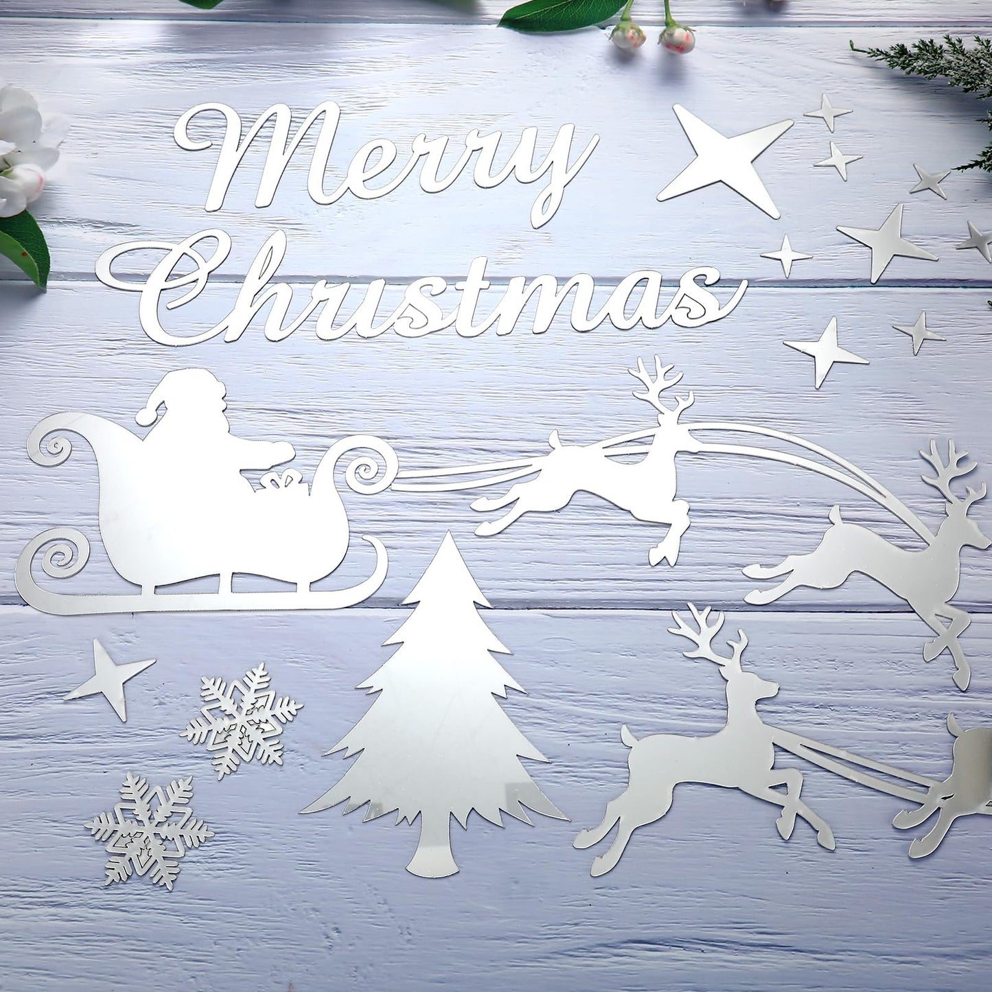 Christmas Mirror Decals Stickers Merry Christmas Santa Claus Reindeer Snowflakes Window Mirror Clings Xmas Acrylic Wall Art Decals Decor for DIY Holiday Winter Party Home Window Decor