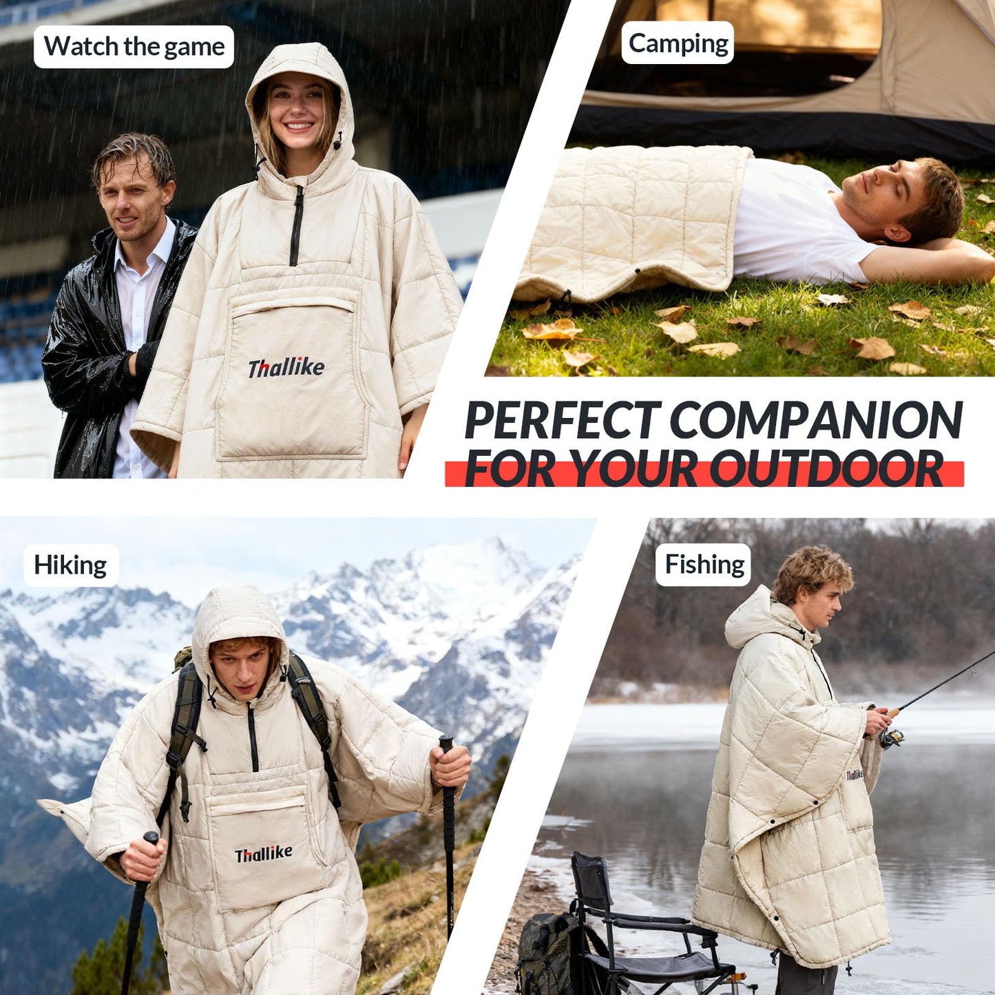 Thallike 3 Person Outdoor Camping Chair & Warm Oversized Camping Blanket with Hood