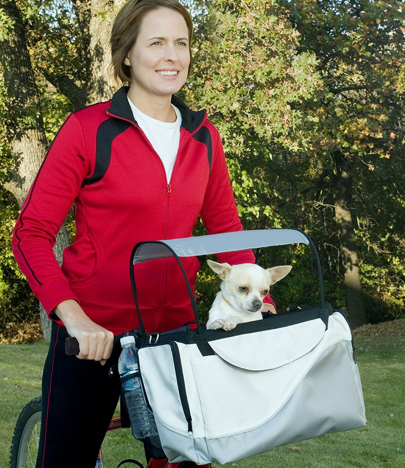 PetSafe Solvit Bicycle Basket for Dogs and Cats, Sport Style Light Nylon Material, Detachable Carrier with Shoulder Strap, Removable Sun Shield, White/Grey