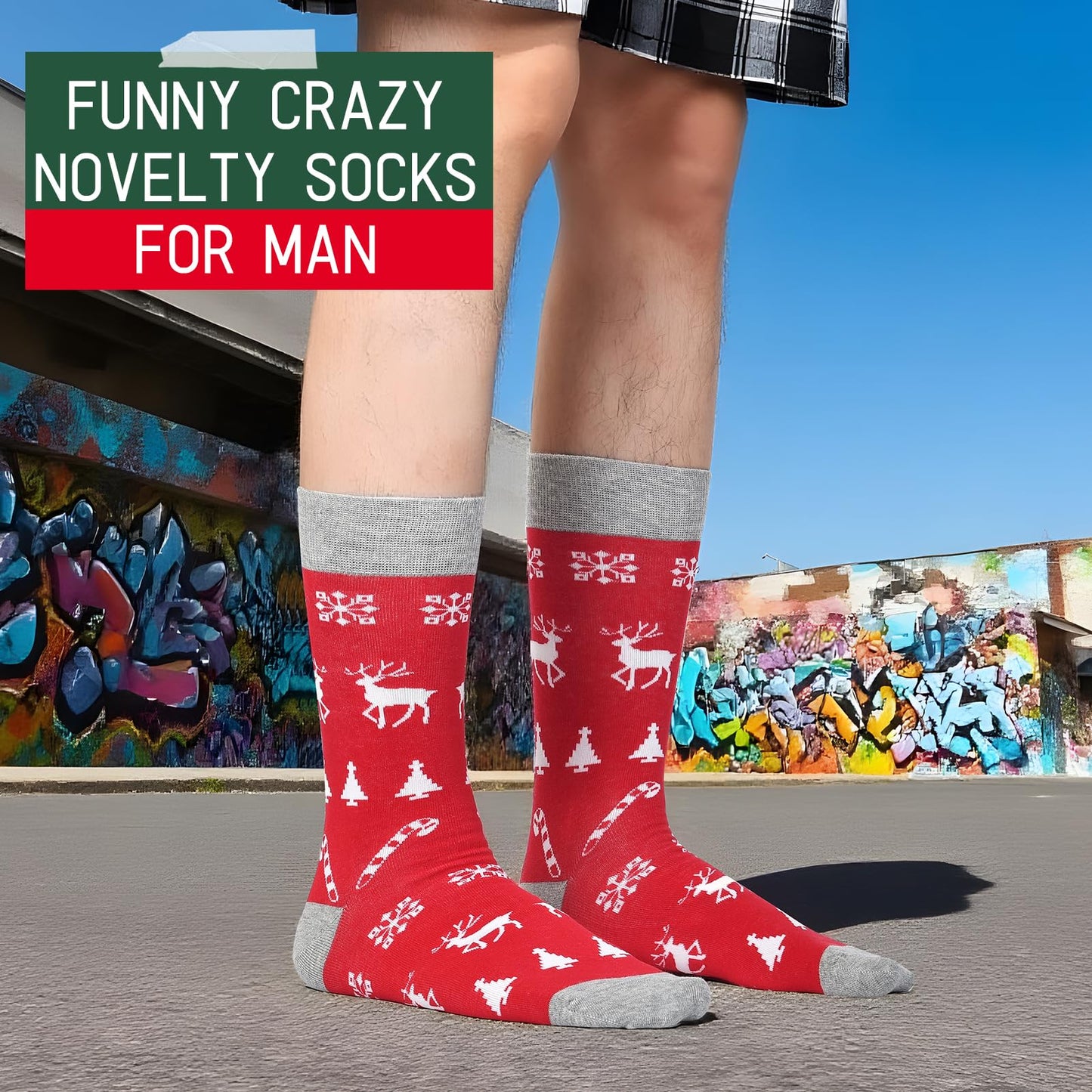 HSELL Mens Fun Patterned Dress Socks Funny Novelty Crazy Design Cotton Socks Gift for Men (4 Pairs - Christmas)