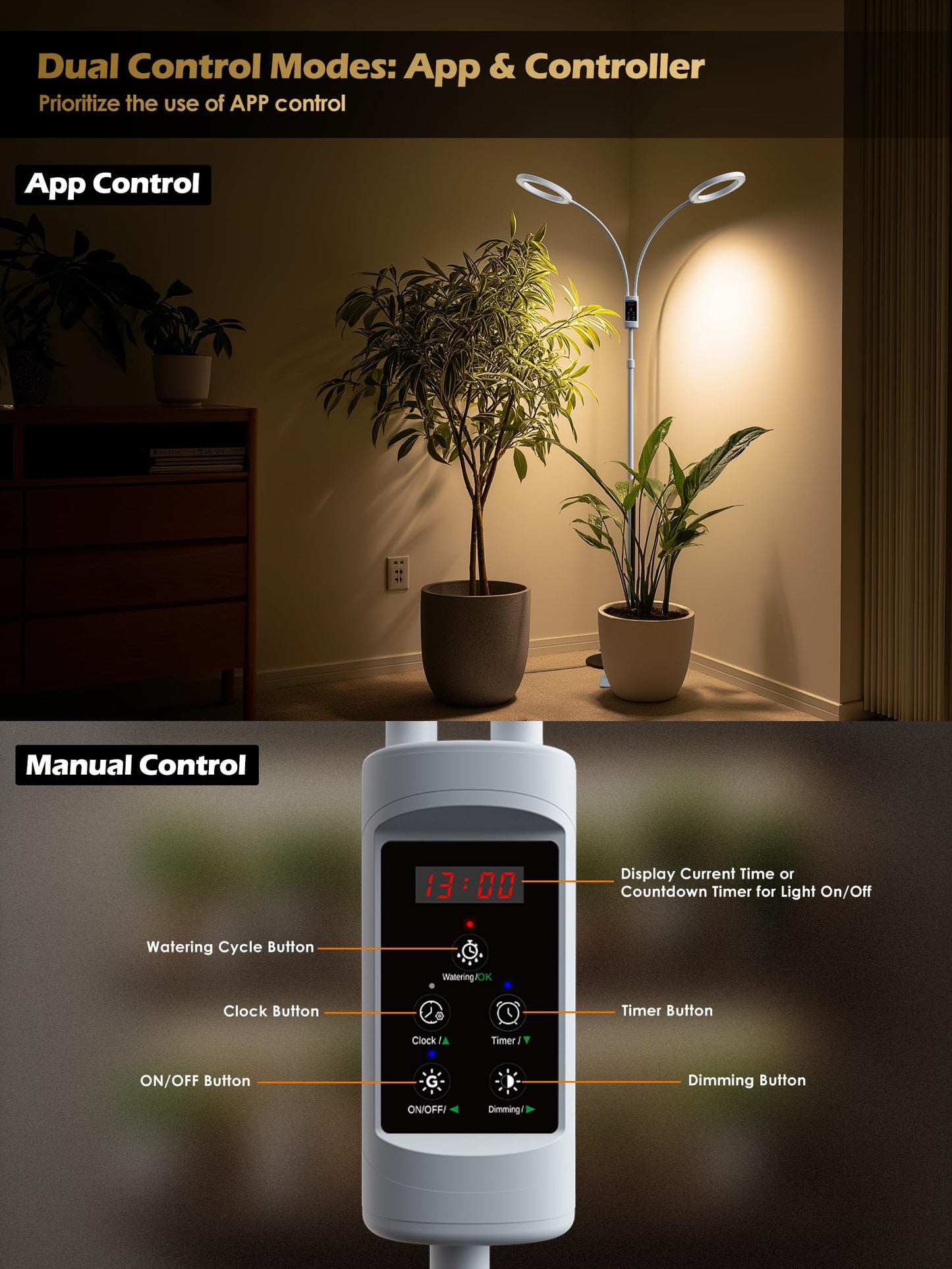 Smart Grow Lights for Indoor Plants, 48W Plant Light with Auto-Timer, Full Spectrum LED Grow Light, Adjustable Height & Stepless Dimming,Plant Assistant Suitable for Most Plants (White(Dual Heads))