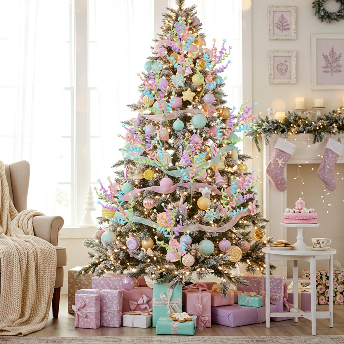 Vertintong 4 Pcs 16.5 inch Christmas Pastel Tree Picks Glitter Curly Spray Tree Topper Decorations Candy Cane Style Frosted Spiral Stems for Xmas Party Wreath Vase Garland Home Centerpieces