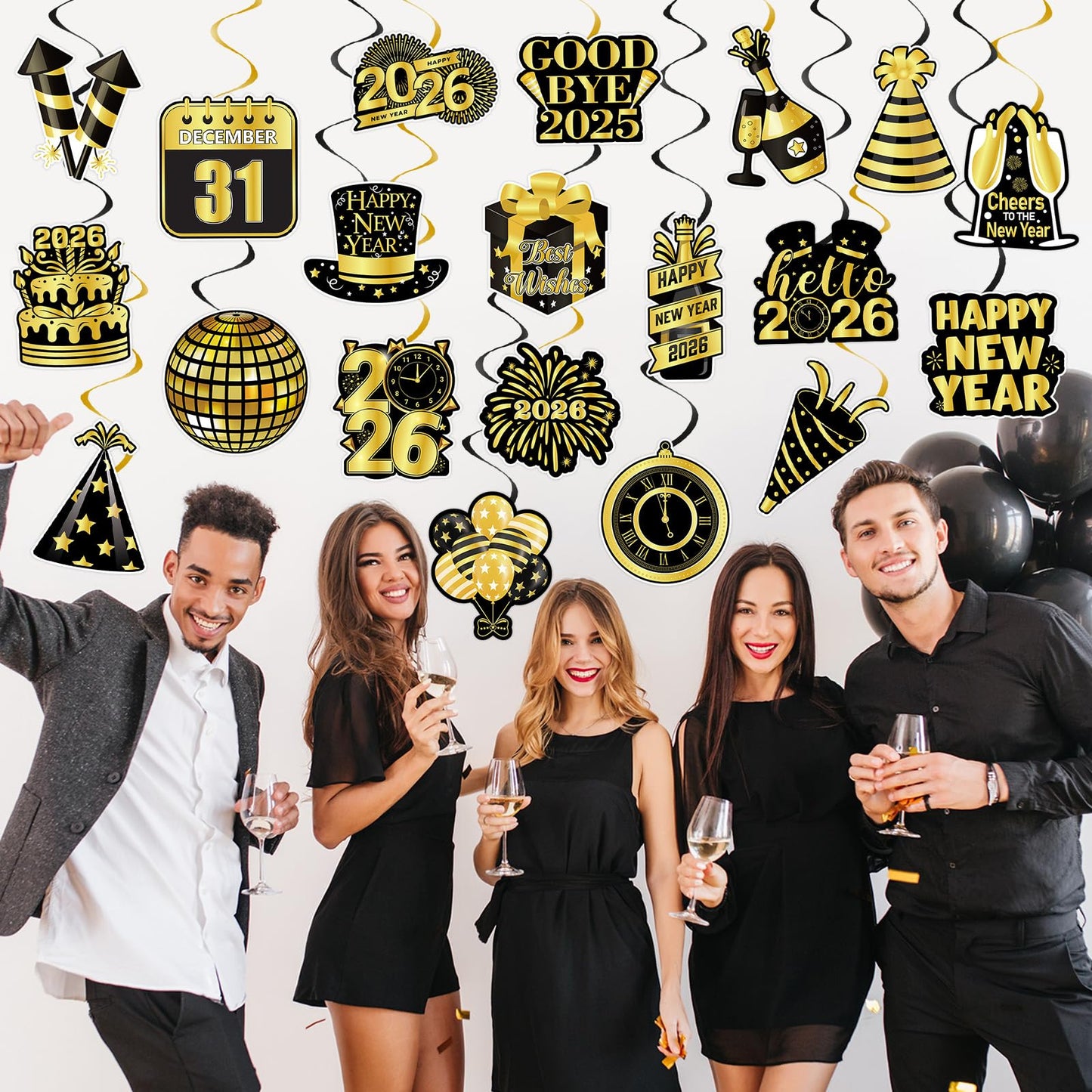 40Pcs Happy New Year Decorations Hanging Swirls, Black and Gold Happy New Year Hanging Swirls Ceiling Decor for New Year's Eve Party Decorations Supplies 2026