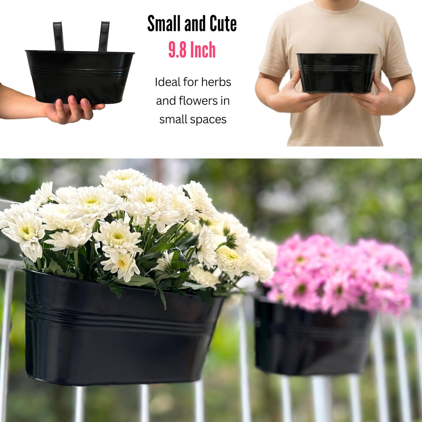 LaLaGreen Rail Planter Outdoor Plants (6 Pack, 9.8 Inch) Small and Cute Black Metal Iron Hanging Flower Pot Deck Railing Fence Buckets Countryside Style Window Box Plant Holder Hooks Porch Decor