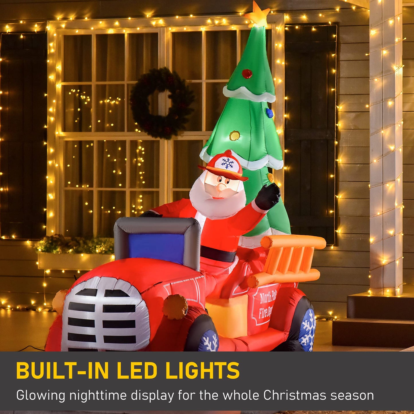 HOMCOM 7.5ft Christmas Inflatable Santa Claus Driving a Fire Truck with Tree, Outdoor Blow-Up Yard Decoration with LED Lights Display